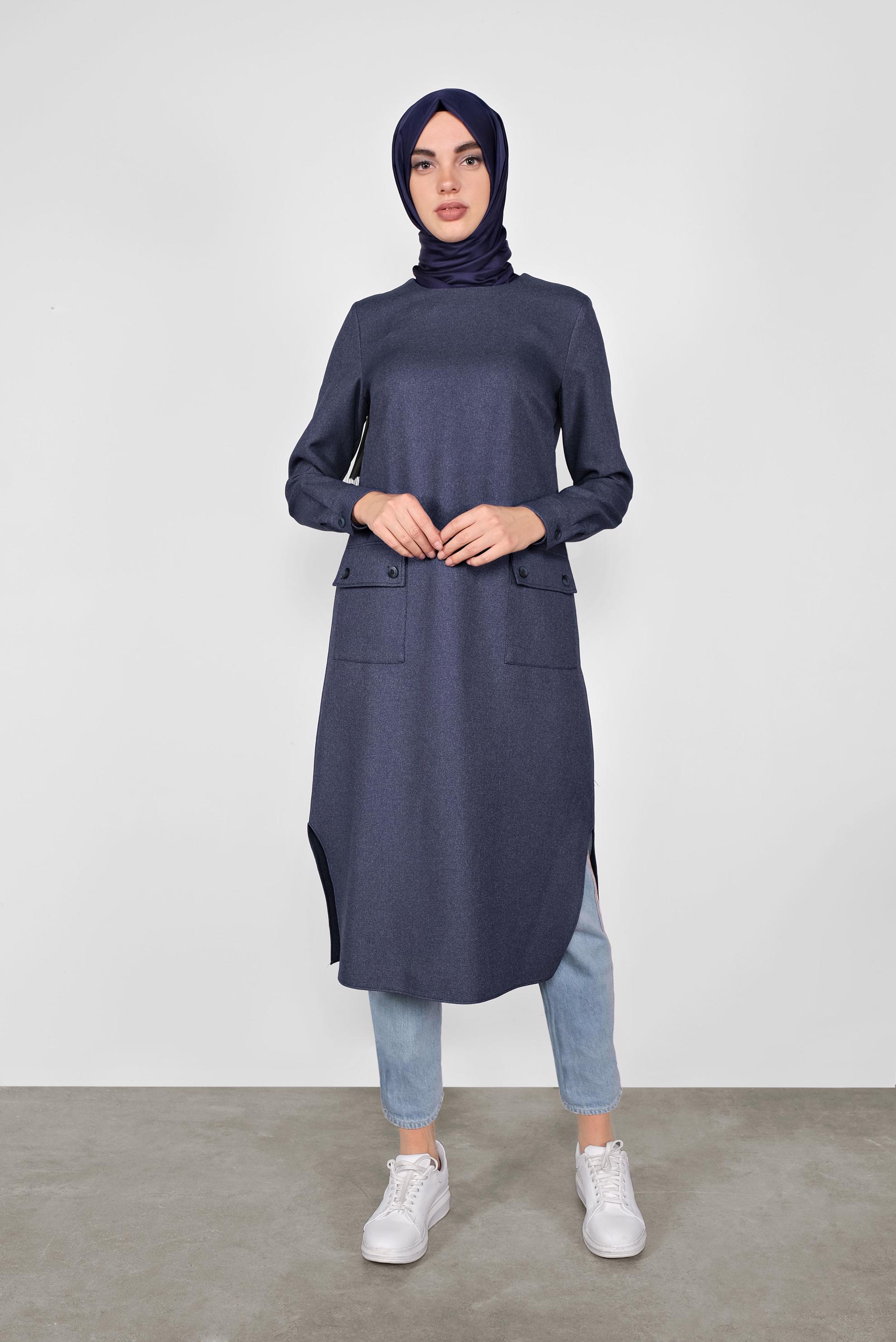 Tesettür giyim LACİVERT DÜĞMELİ CEPLİ TUNİK  41255 
