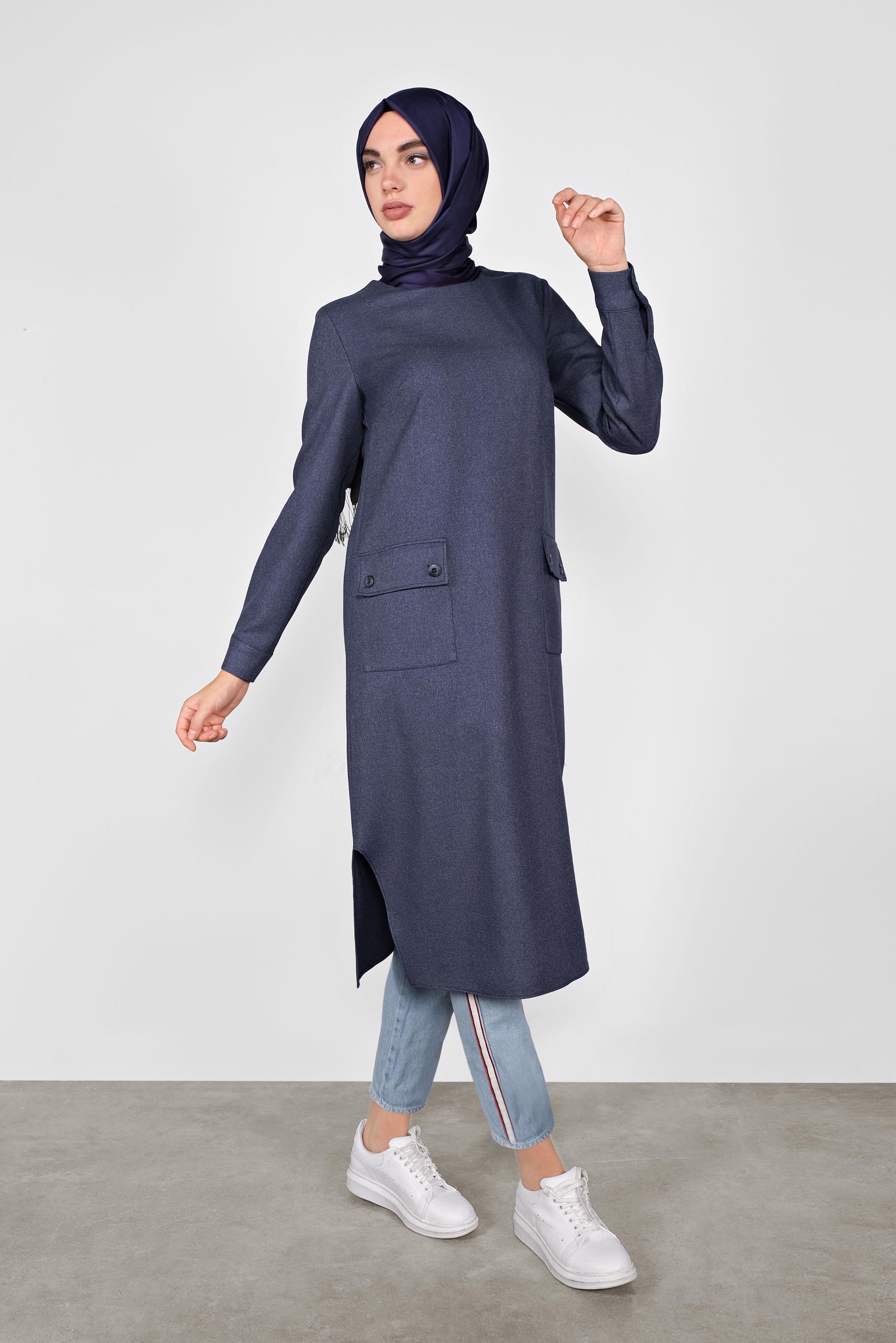 Tesettür giyim LACİVERT DÜĞMELİ CEPLİ TUNİK  41255 
