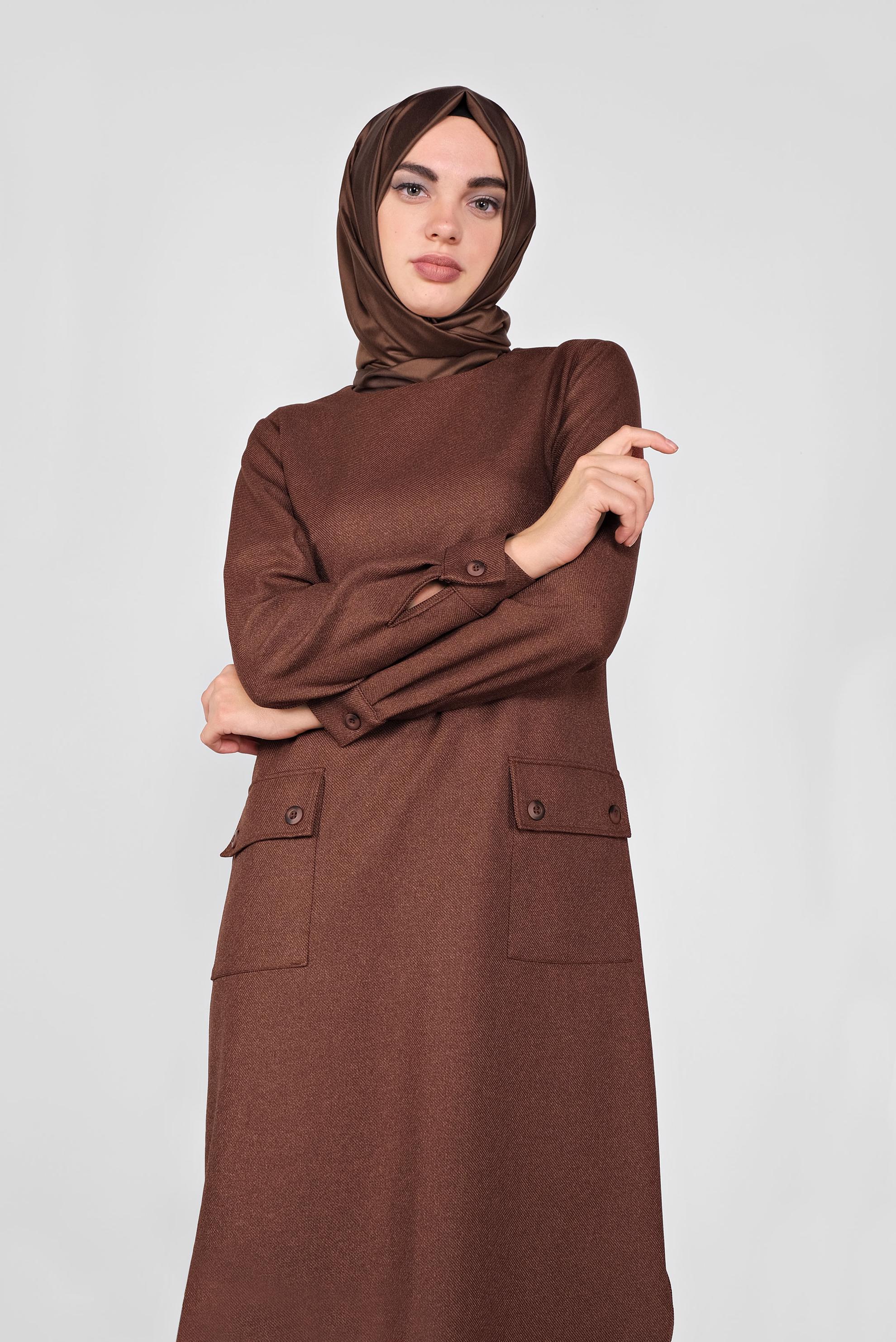 Tesettür giyim KAHVE DÜĞMELİ CEPLİ TUNİK  41255 