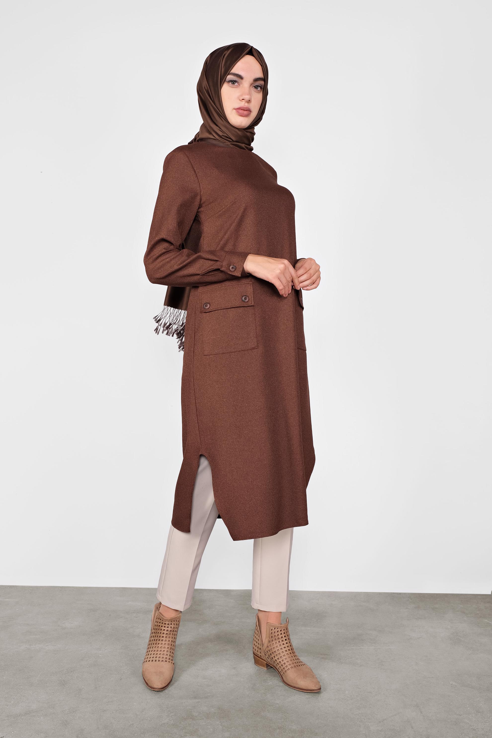 Tesettür giyim KAHVE DÜĞMELİ CEPLİ TUNİK  41255 