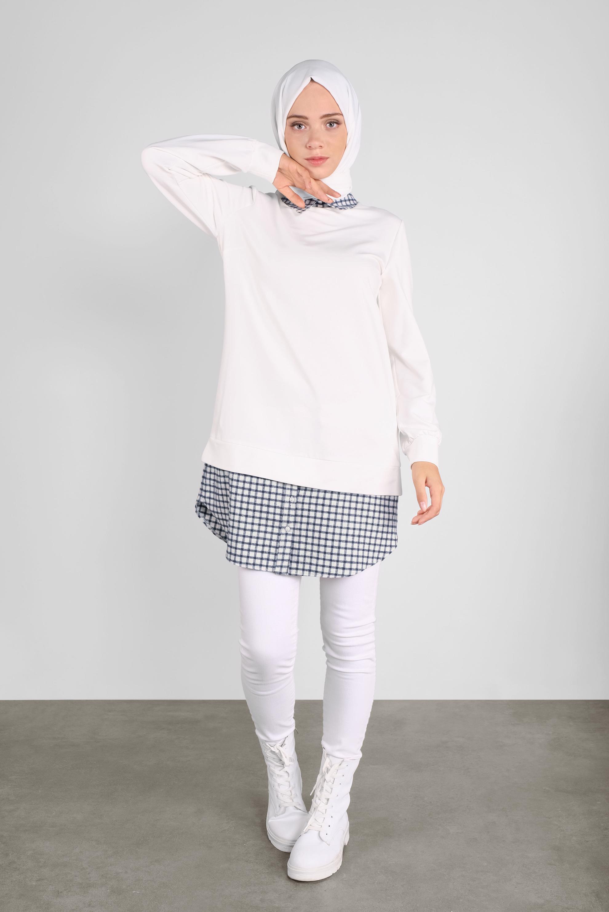 Tesettür giyim BEYAZ PAMUKLU GÖMLEK YAKA TUNİK 41268 