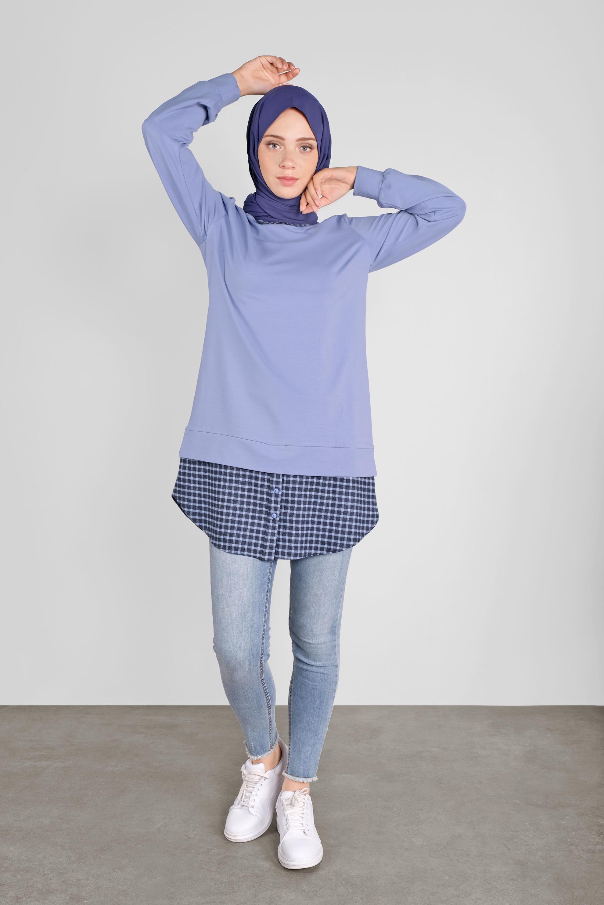 Tesettür giyim MAVİ PAMUKLU GÖMLEK YAKA TUNİK 41268 