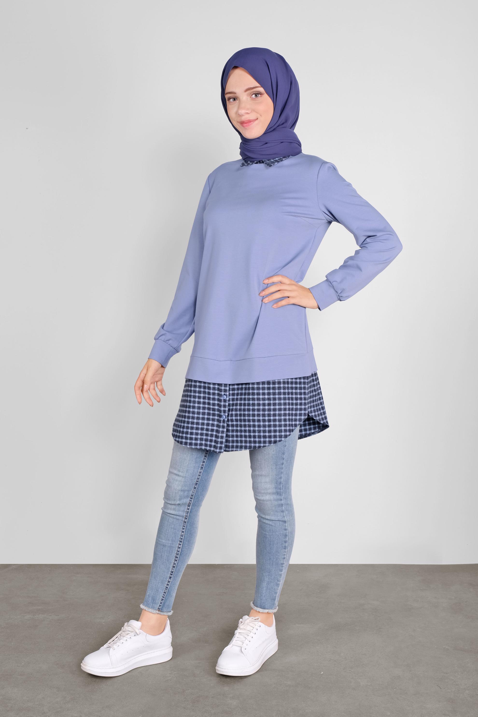 Tesettür giyim MAVİ PAMUKLU GÖMLEK YAKA TUNİK 41268 