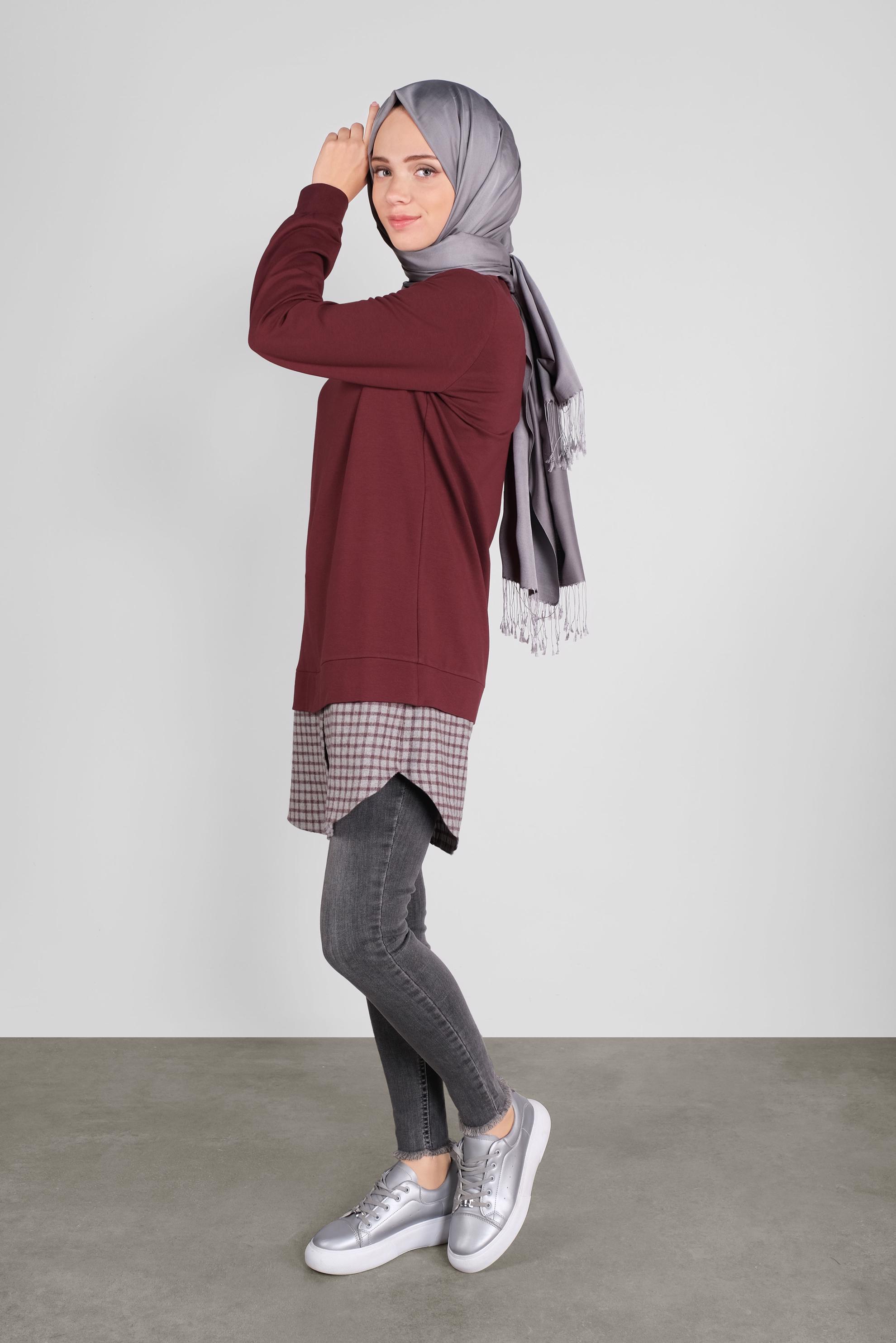Tesettür giyim BORDO PAMUKLU GÖMLEK YAKA TUNİK 41268 