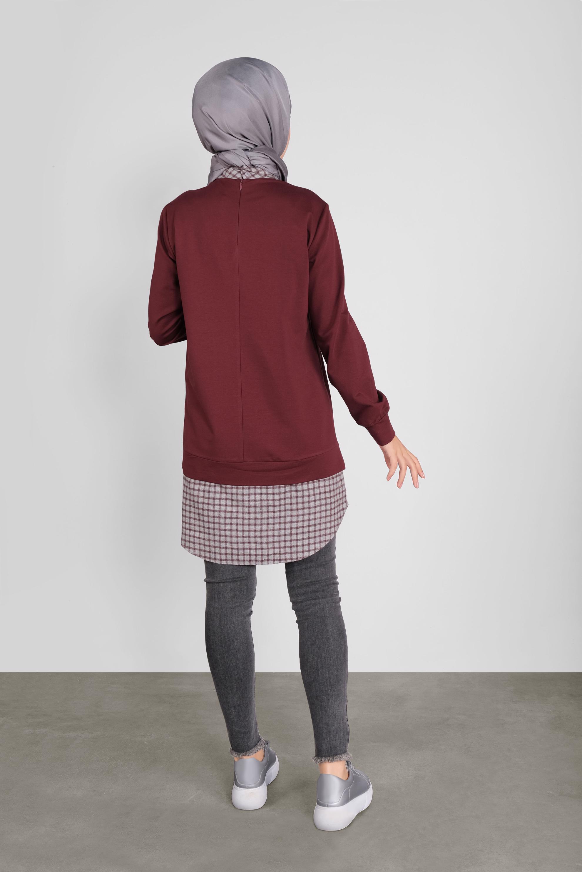 Tesettür giyim BORDO PAMUKLU GÖMLEK YAKA TUNİK 41268 