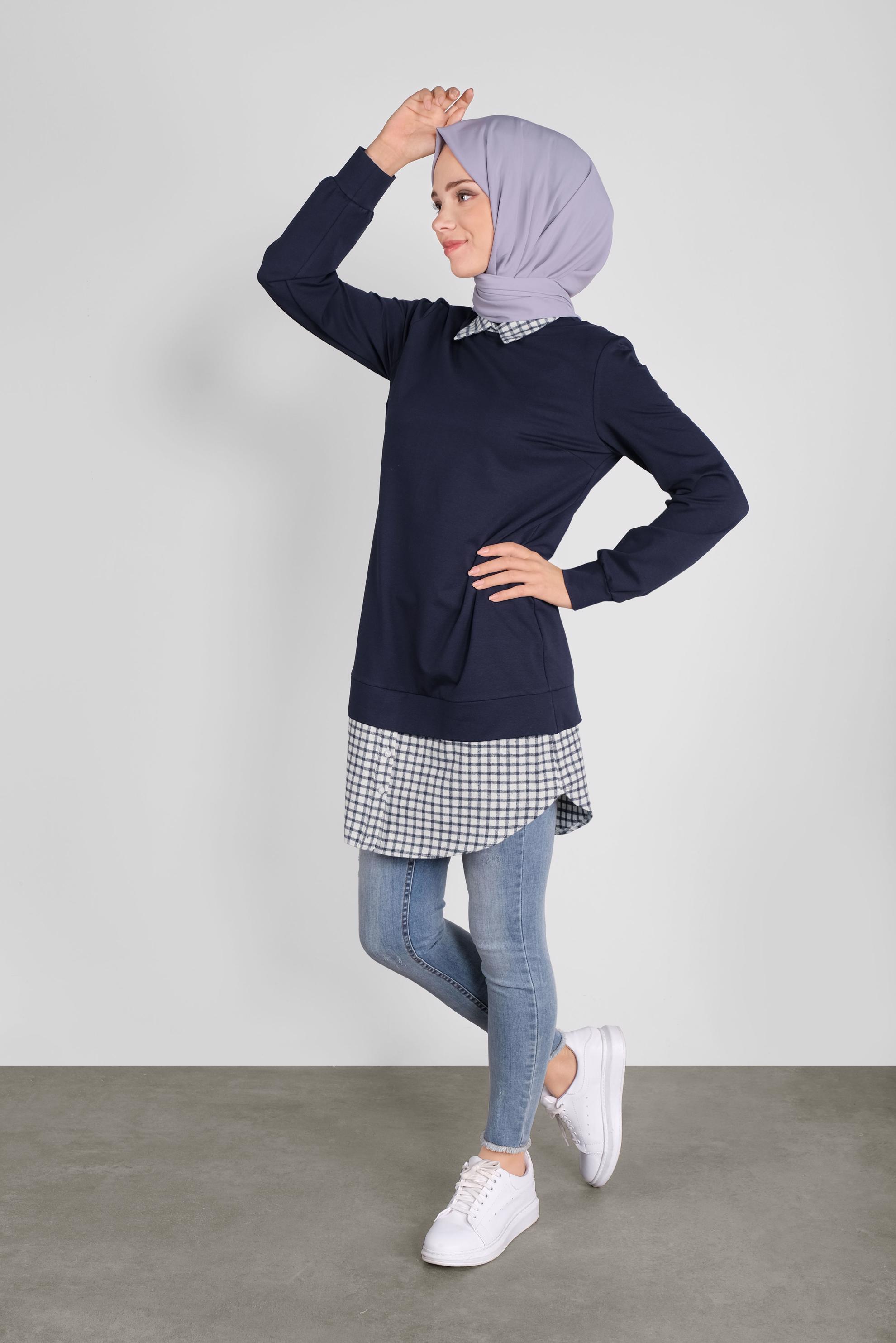 Tesettür giyim LACİVERT PAMUKLU GÖMLEK YAKA TUNİK 41268 
