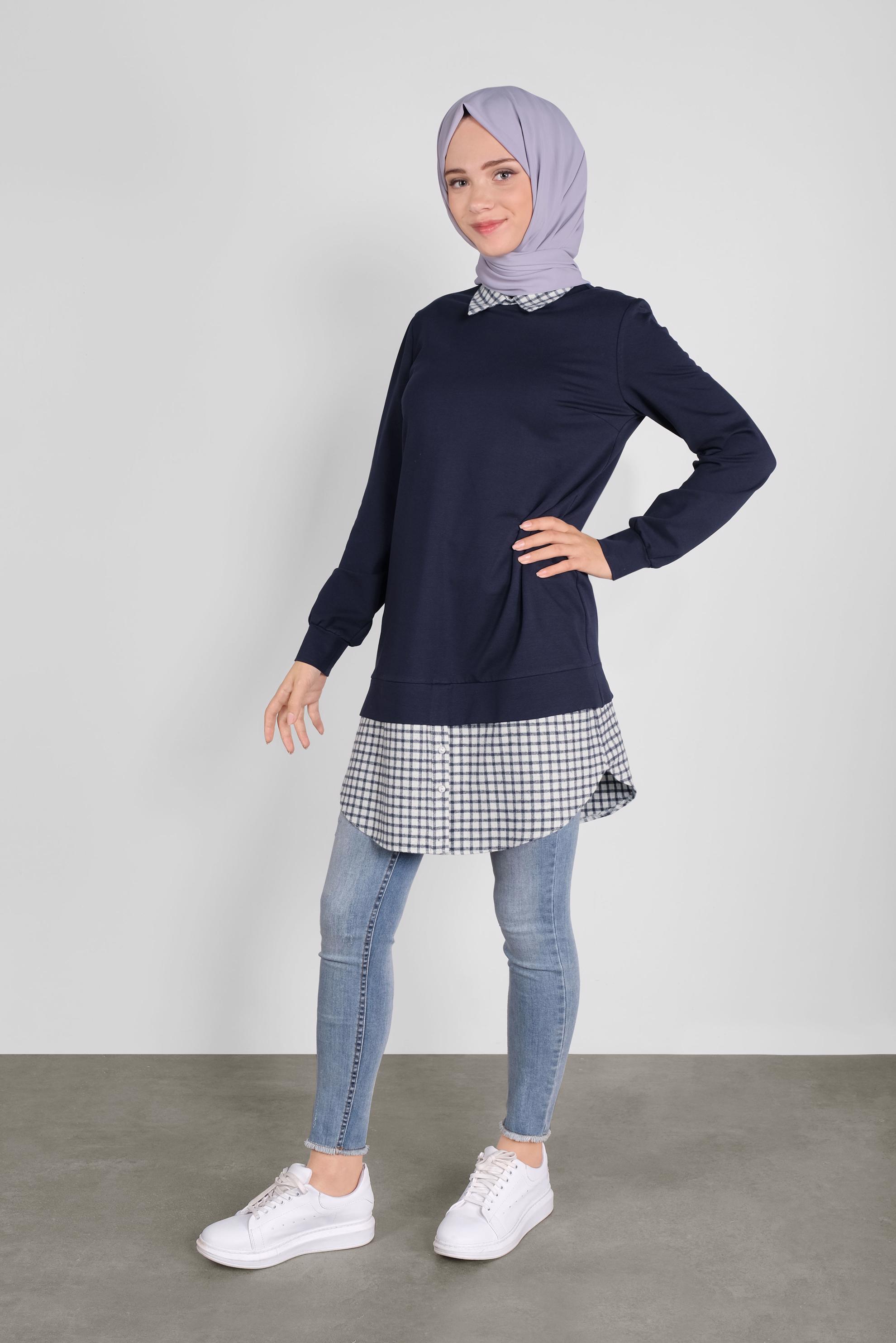Tesettür giyim LACİVERT PAMUKLU GÖMLEK YAKA TUNİK 41268 