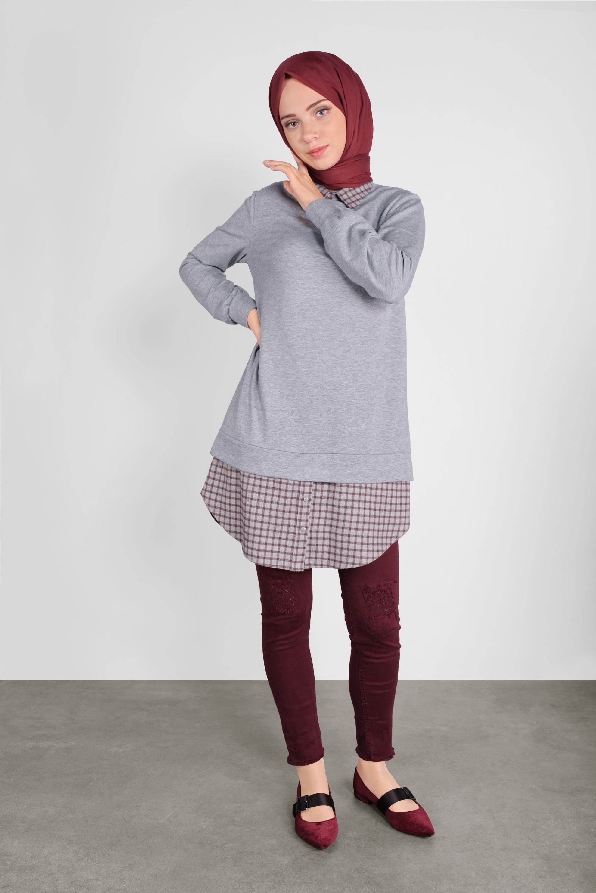 Tesettür giyim GRİ PAMUKLU GÖMLEK YAKA TUNİK 41268 