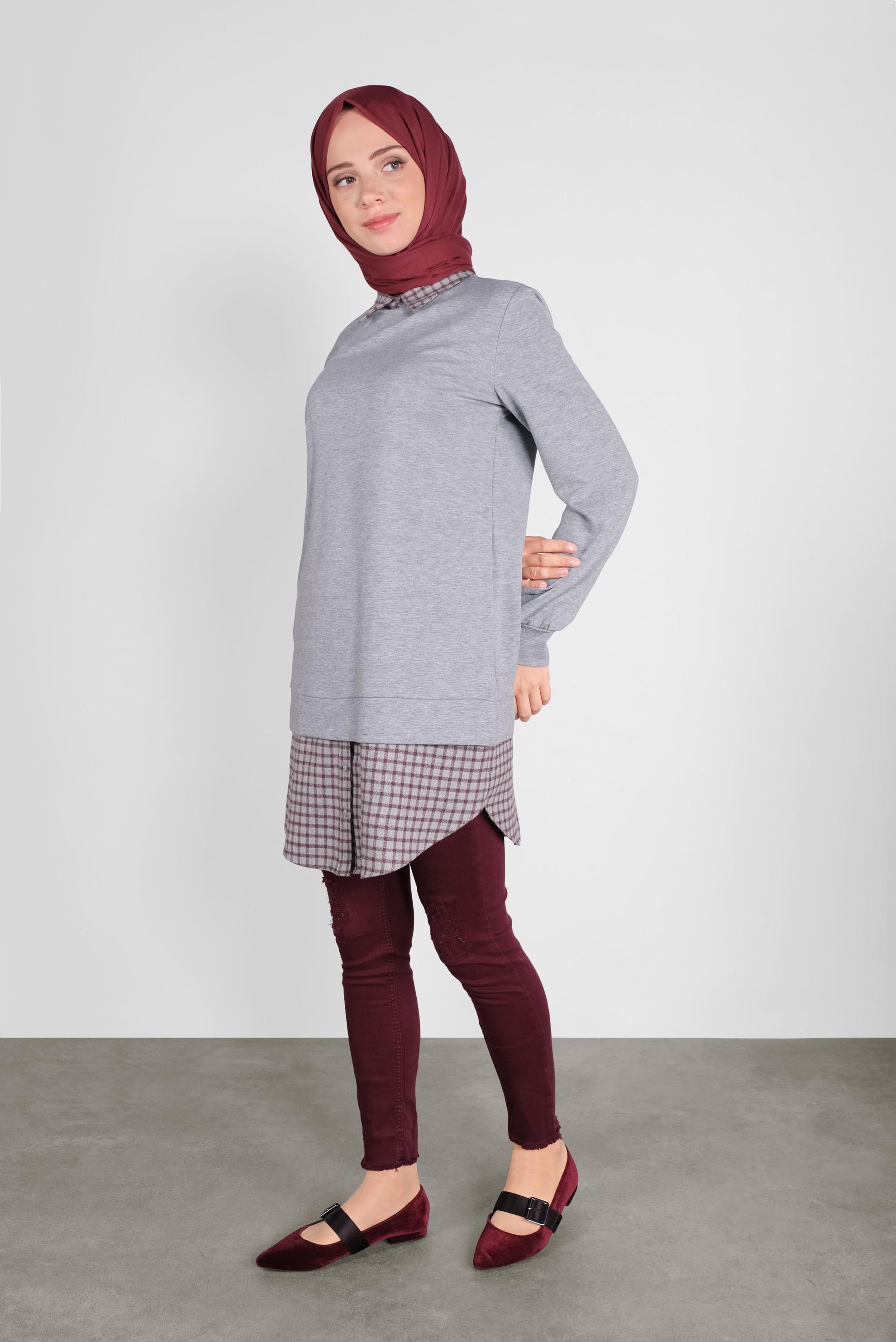 Tesettür giyim GRİ PAMUKLU GÖMLEK YAKA TUNİK 41268 