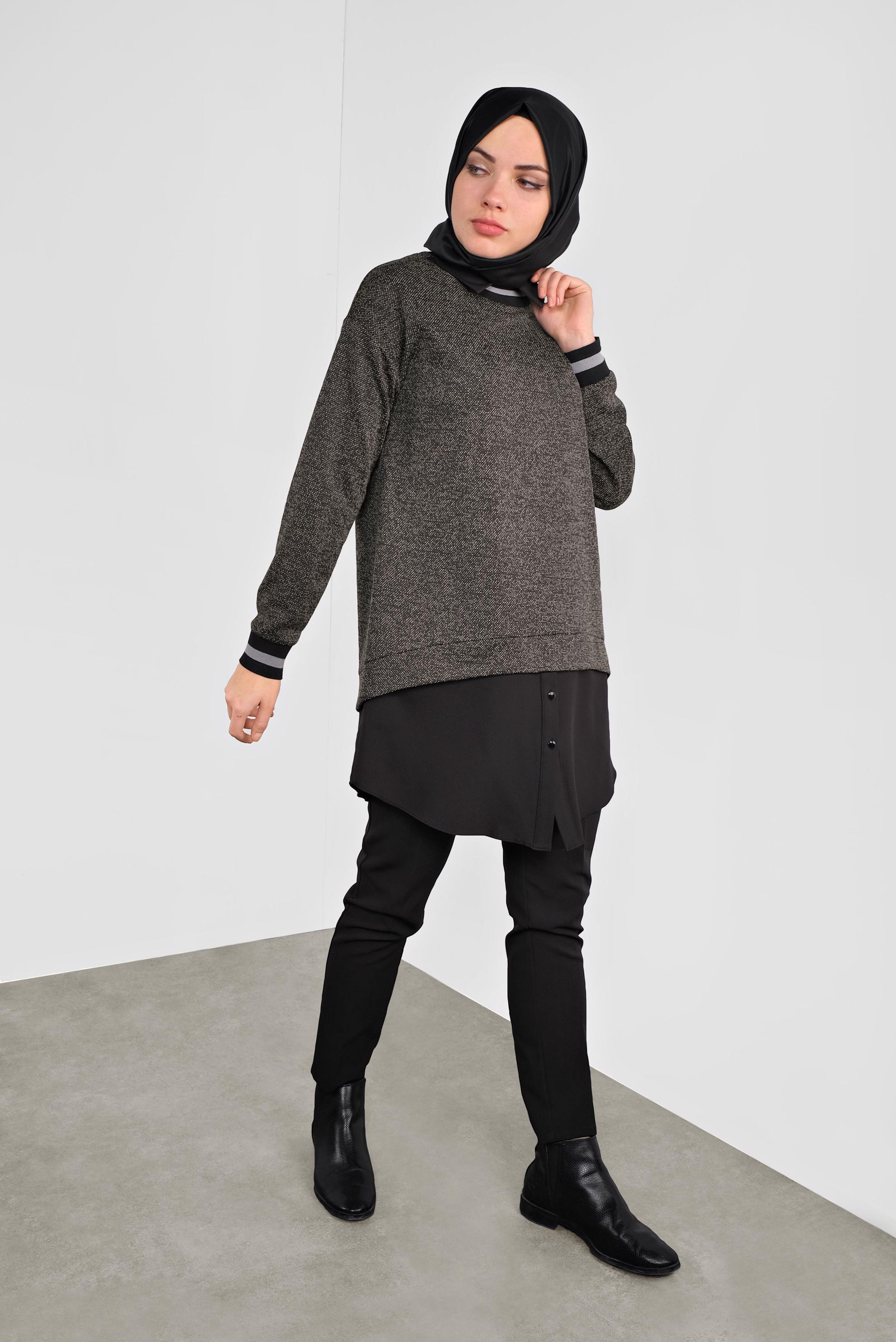 Tesettür giyim SİYAH MANŞETLERİ LASTİKLİ İKİ GÖRÜNÜMLÜ TUNİK 41279 