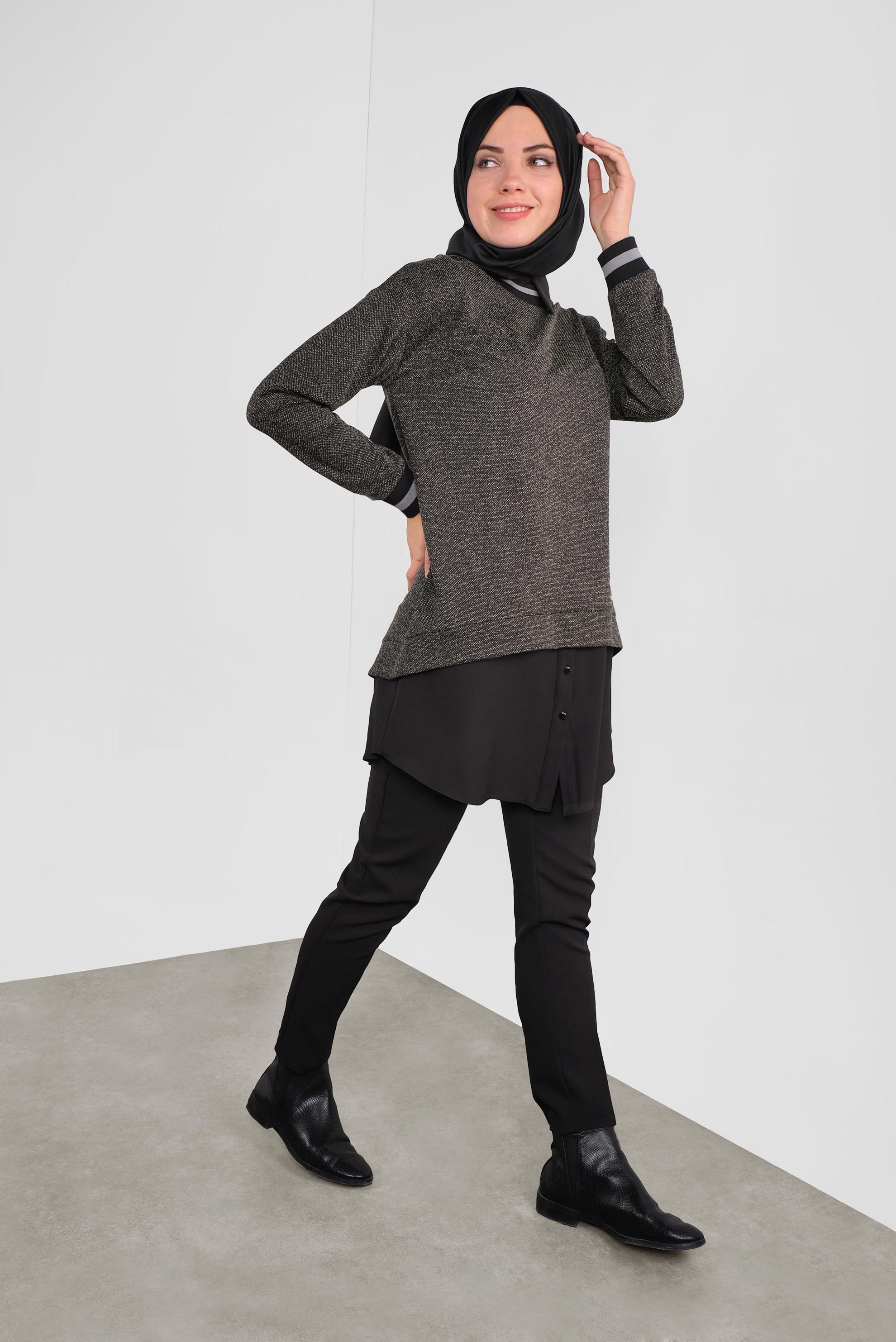Tesettür giyim SİYAH MANŞETLERİ LASTİKLİ İKİ GÖRÜNÜMLÜ TUNİK 41279 