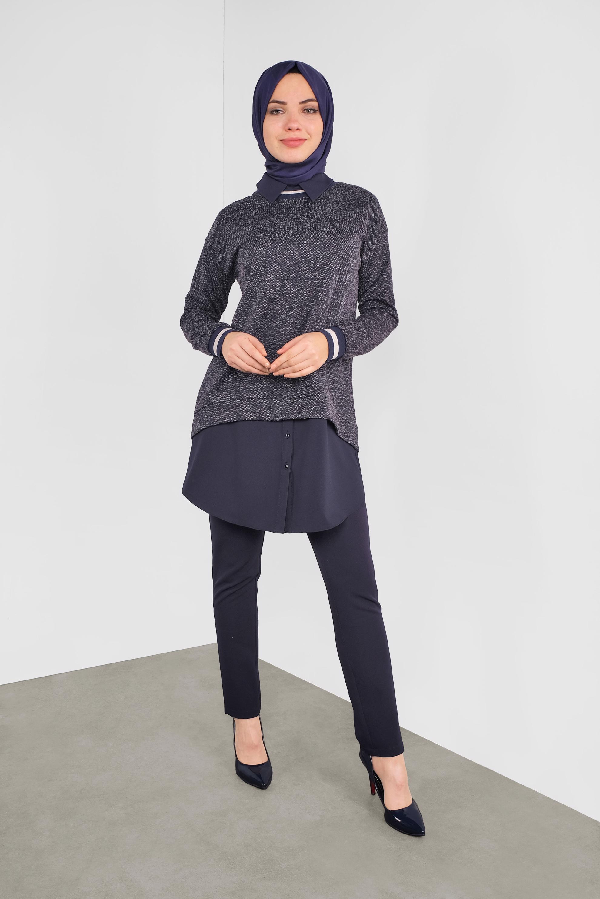 Tesettür giyim LACİVERT MANŞETLERİ LASTİKLİ İKİ GÖRÜNÜMLÜ TUNİK 41279 