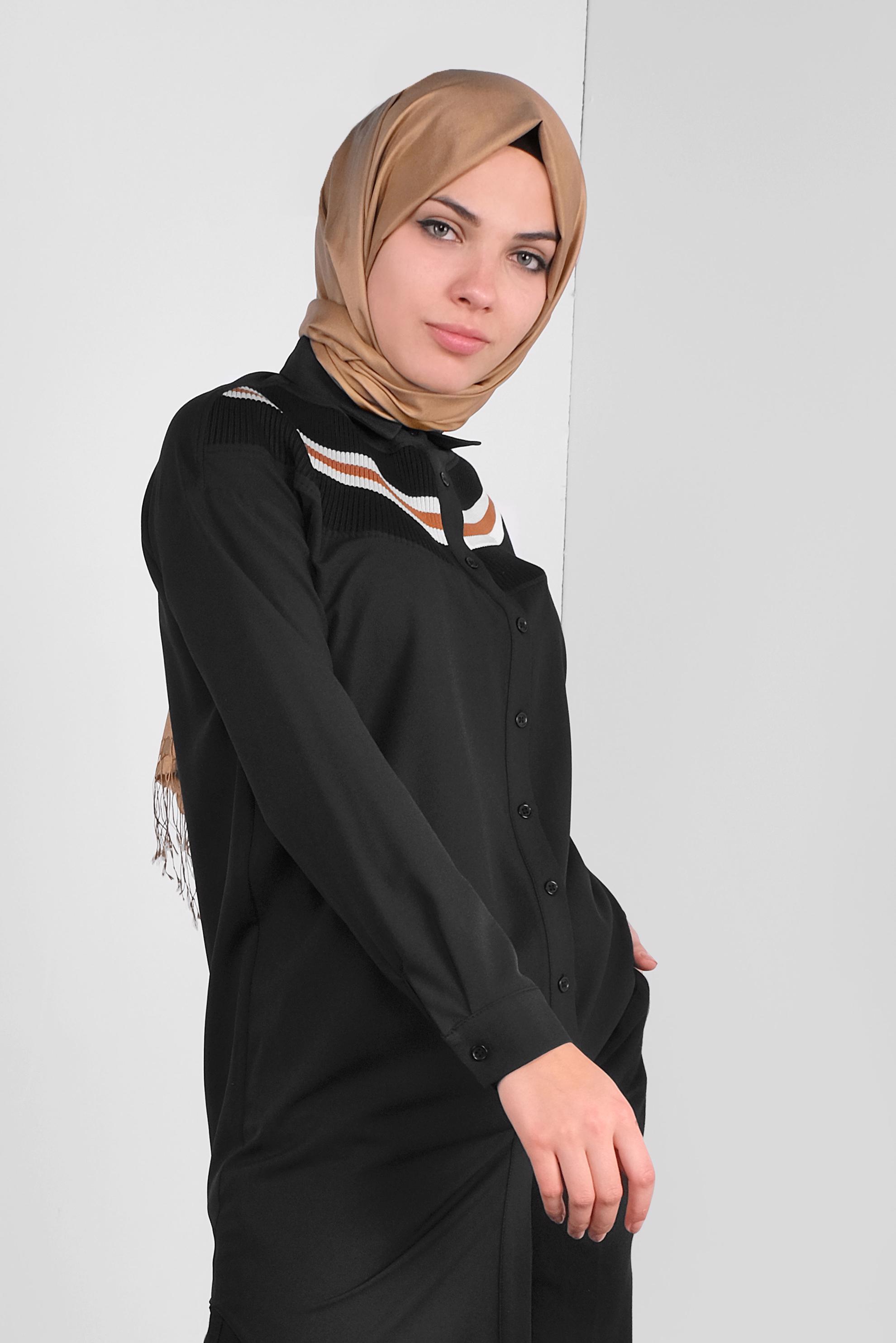 Tesettür giyim SİYAH DÜĞMELİ ERKEK YAKA TUNİK 41282 