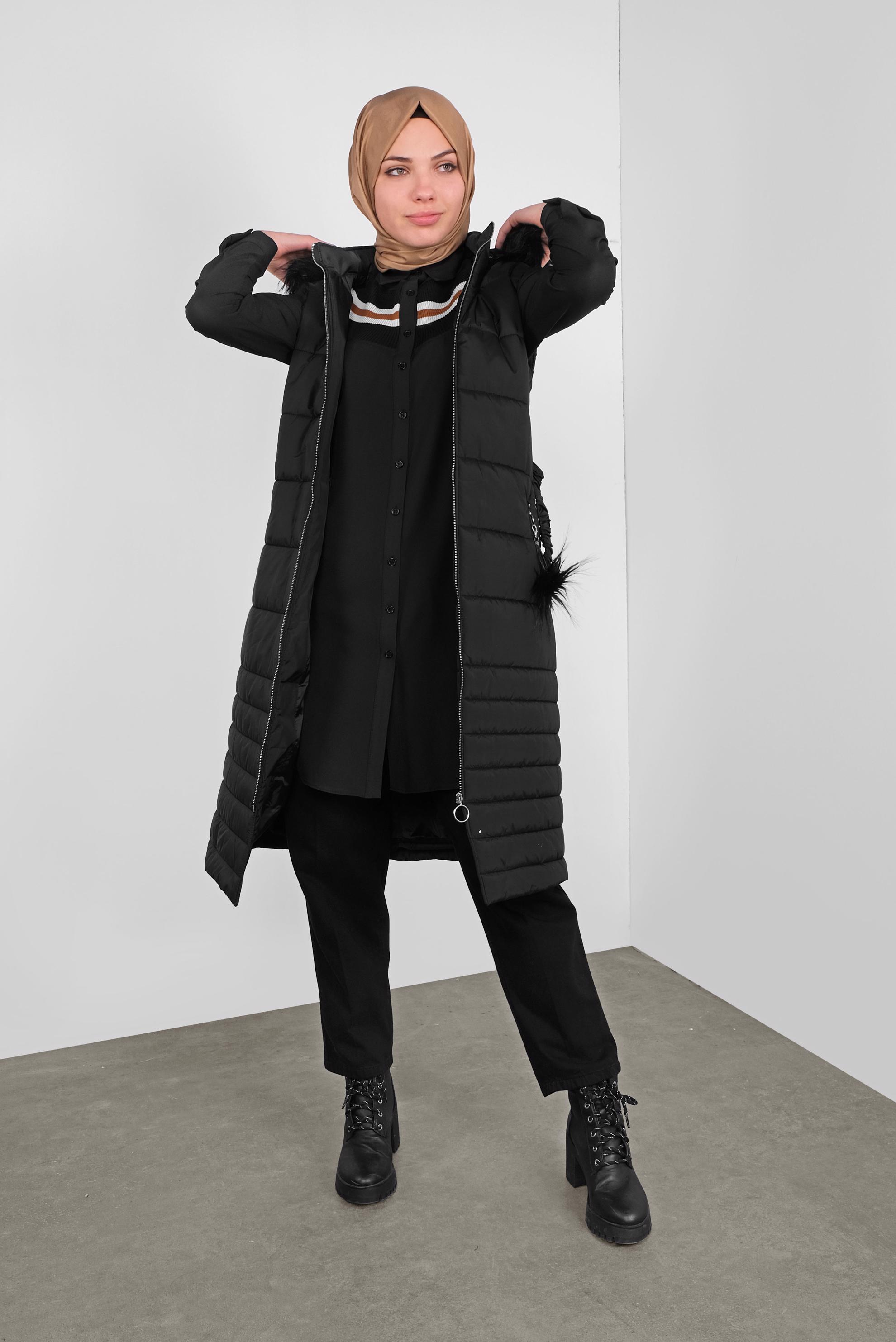 Tesettür giyim SİYAH DÜĞMELİ ERKEK YAKA TUNİK 41282 