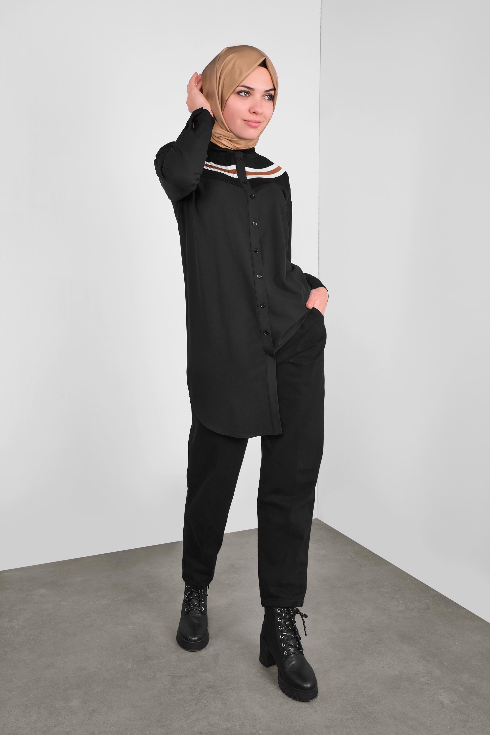 Tesettür giyim SİYAH DÜĞMELİ ERKEK YAKA TUNİK 41282 