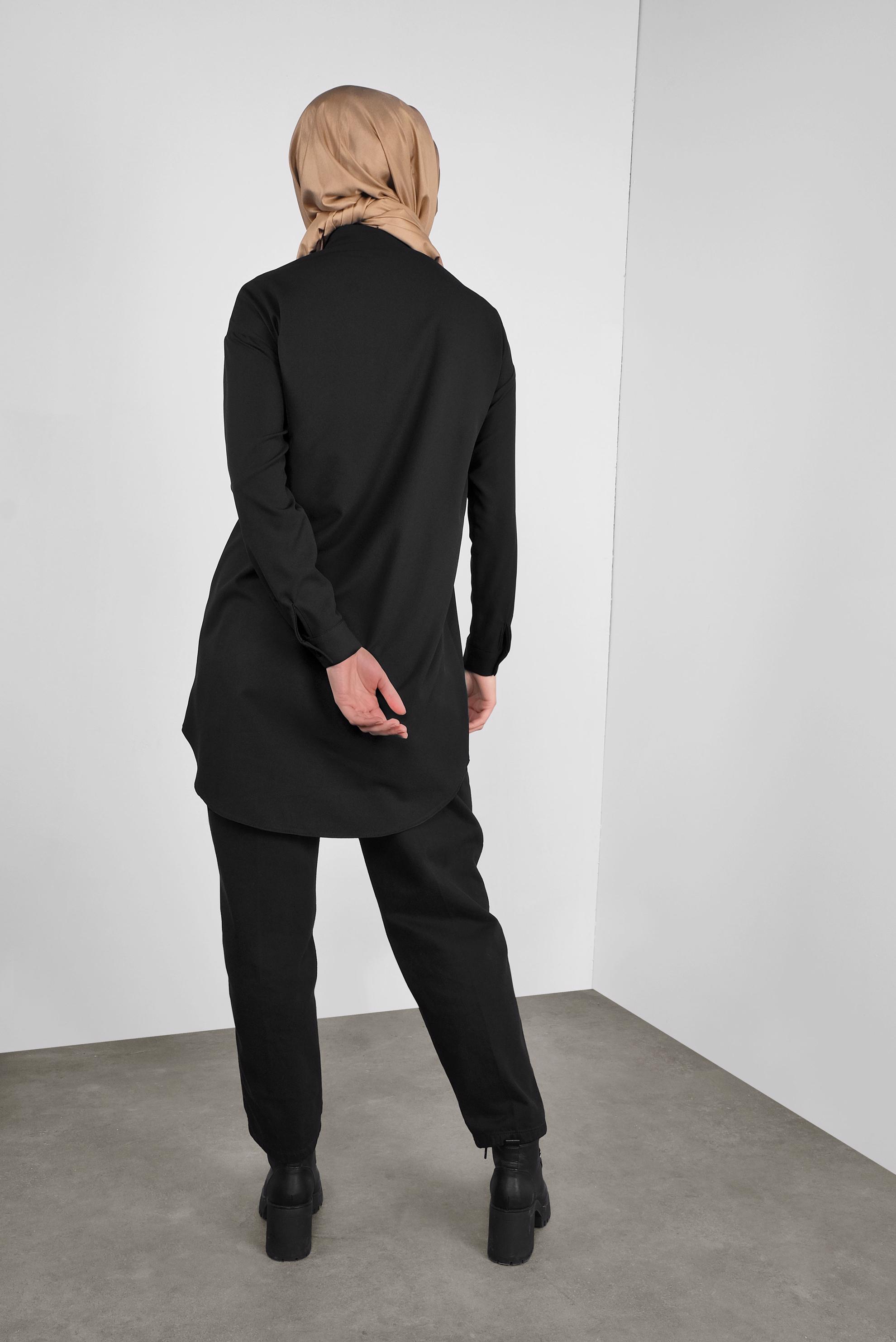 Tesettür giyim SİYAH DÜĞMELİ ERKEK YAKA TUNİK 41282 