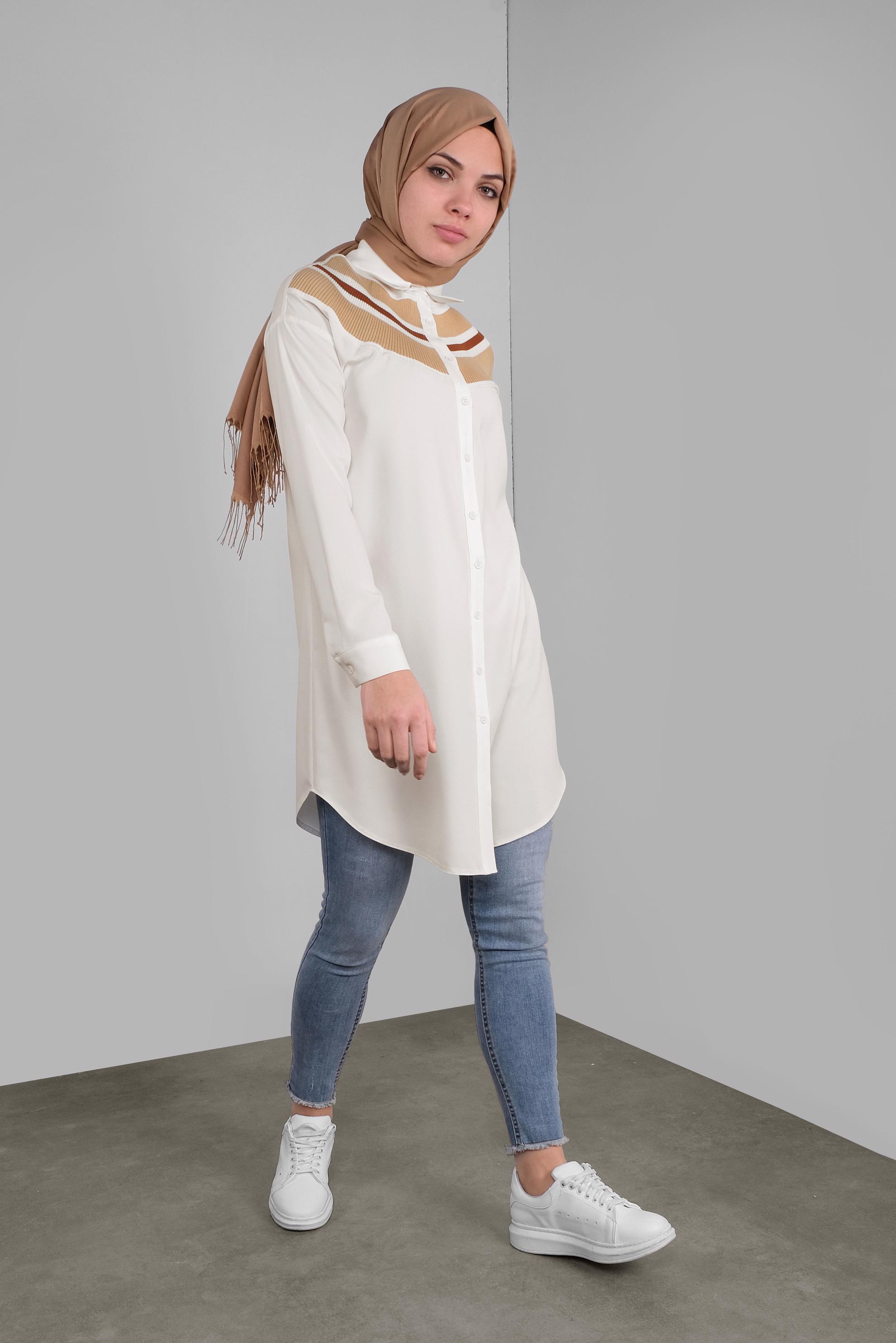 Tesettür giyim BEYAZ DÜĞMELİ ERKEK YAKA TUNİK 41282 