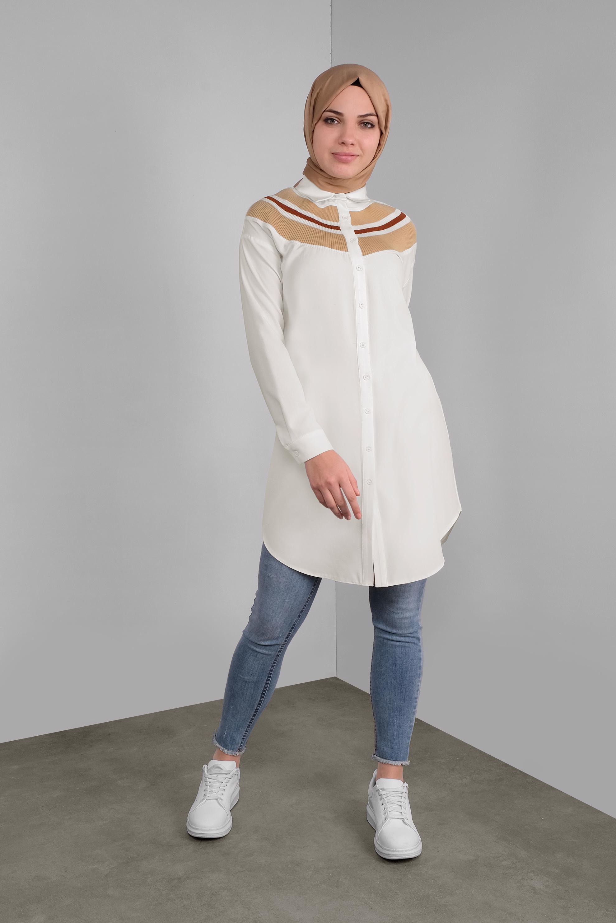 Tesettür giyim BEYAZ DÜĞMELİ ERKEK YAKA TUNİK 41282 