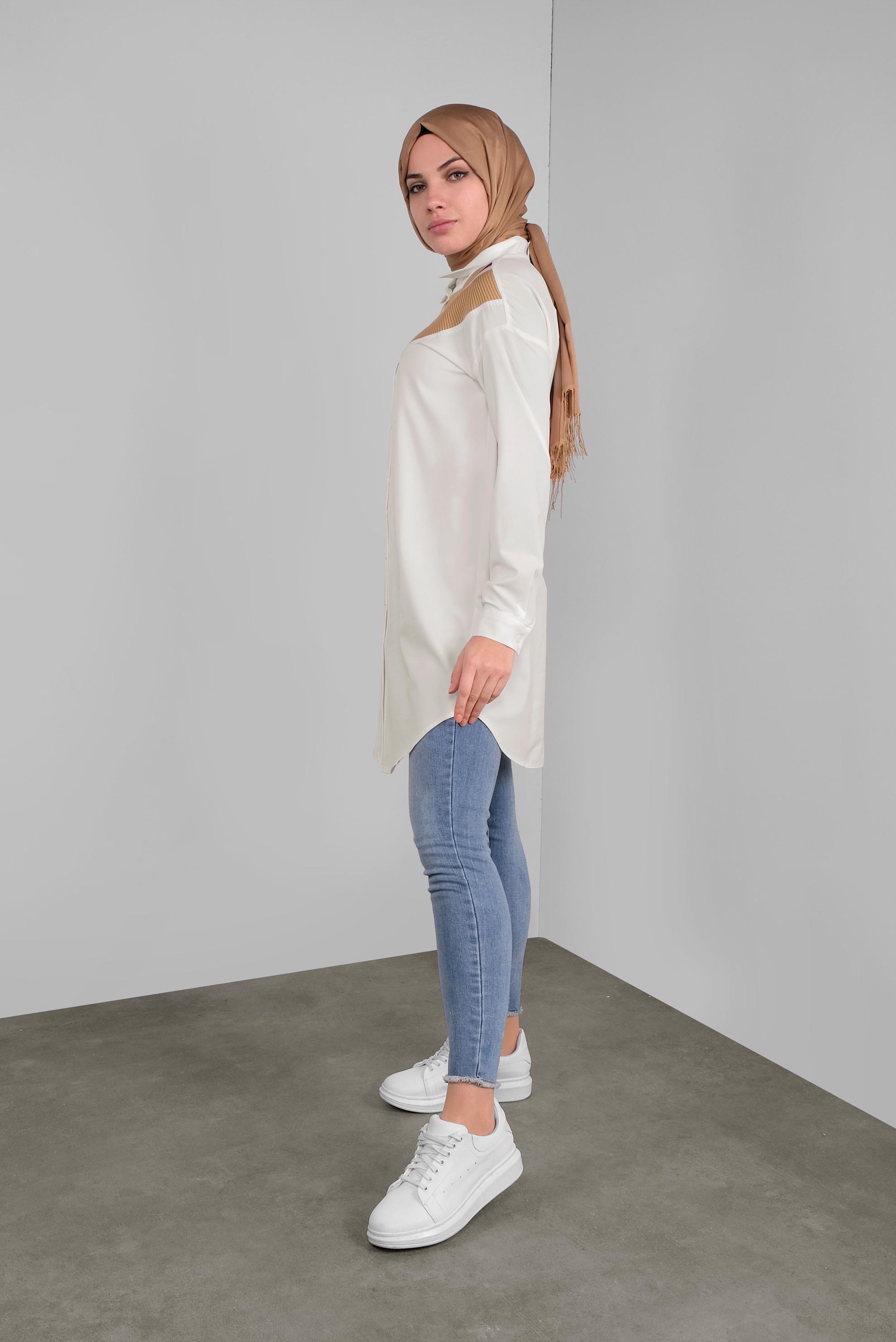 Tesettür giyim BEYAZ DÜĞMELİ ERKEK YAKA TUNİK 41282 