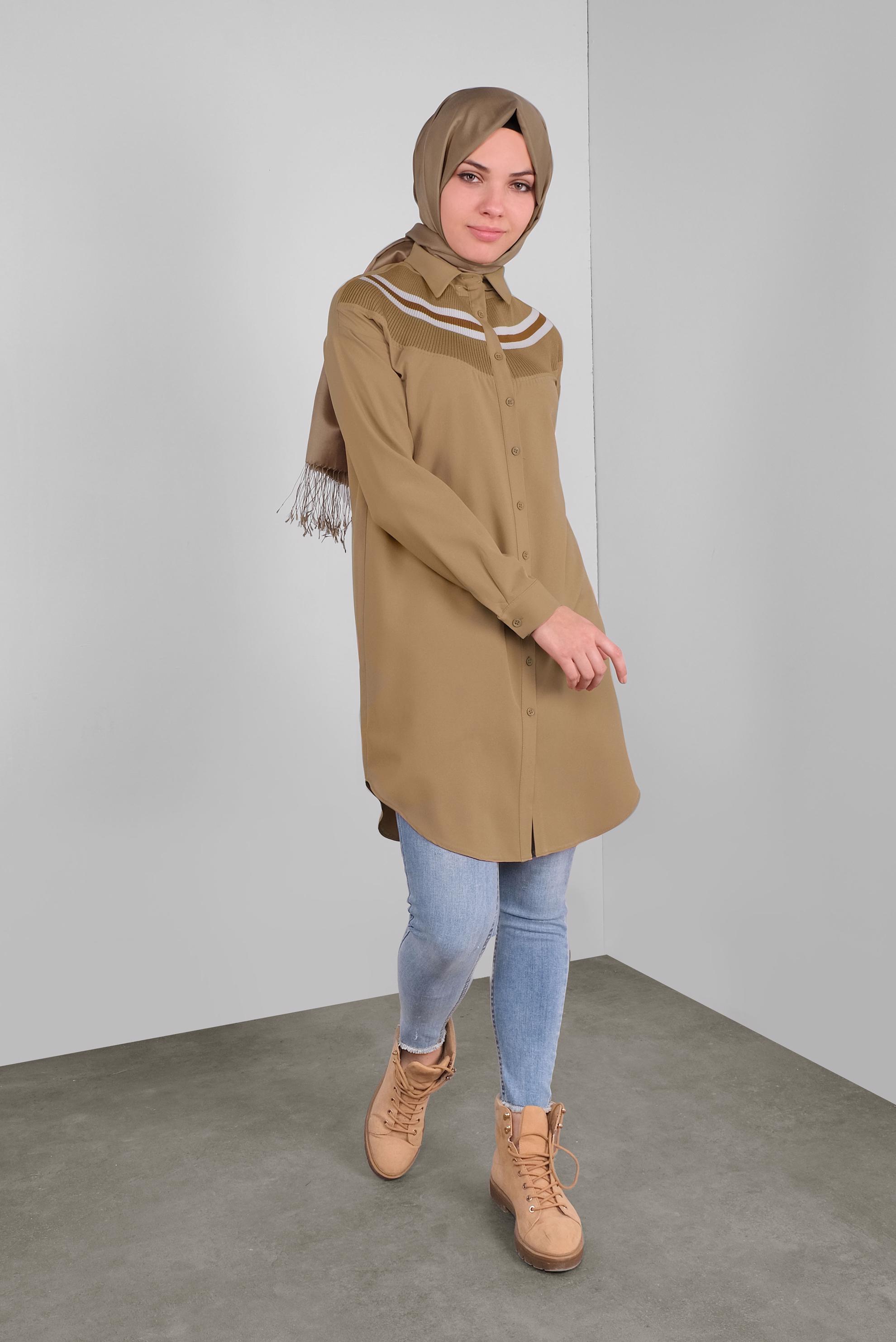 Tesettür giyim KAHVE DÜĞMELİ ERKEK YAKA TUNİK 41282 