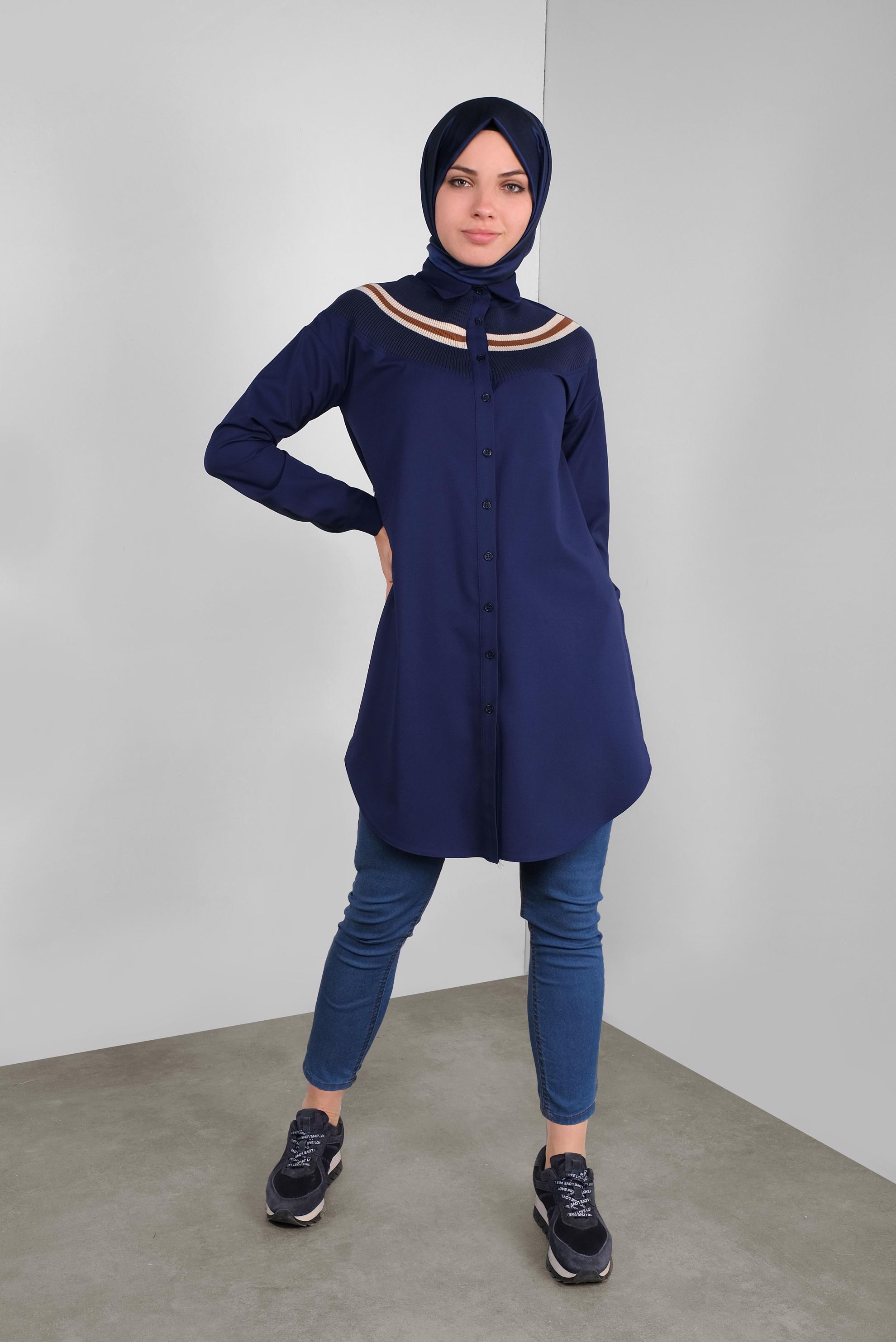 Tesettür giyim LACİVERT DÜĞMELİ ERKEK YAKA TUNİK 41282 