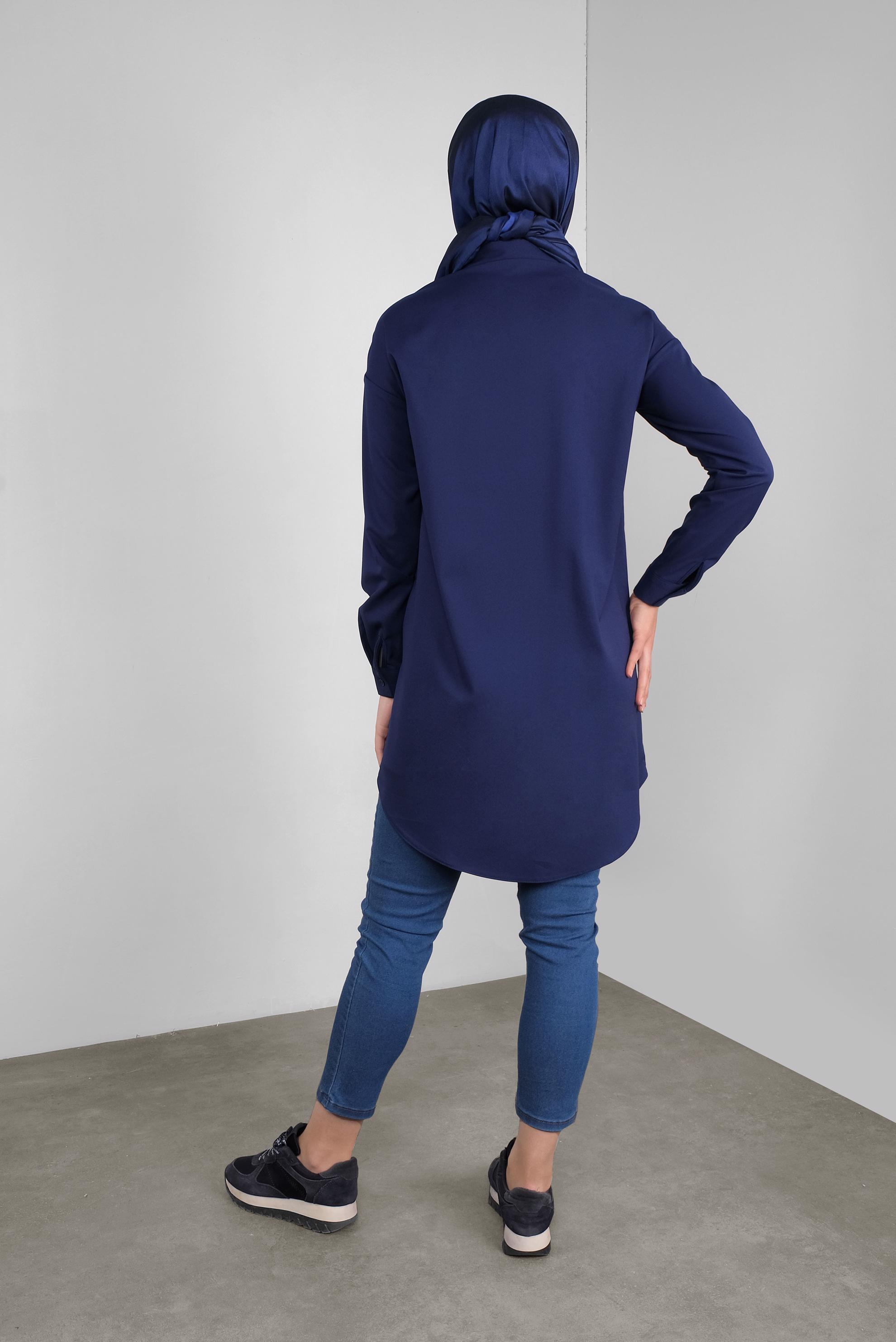 Tesettür giyim LACİVERT DÜĞMELİ ERKEK YAKA TUNİK 41282 