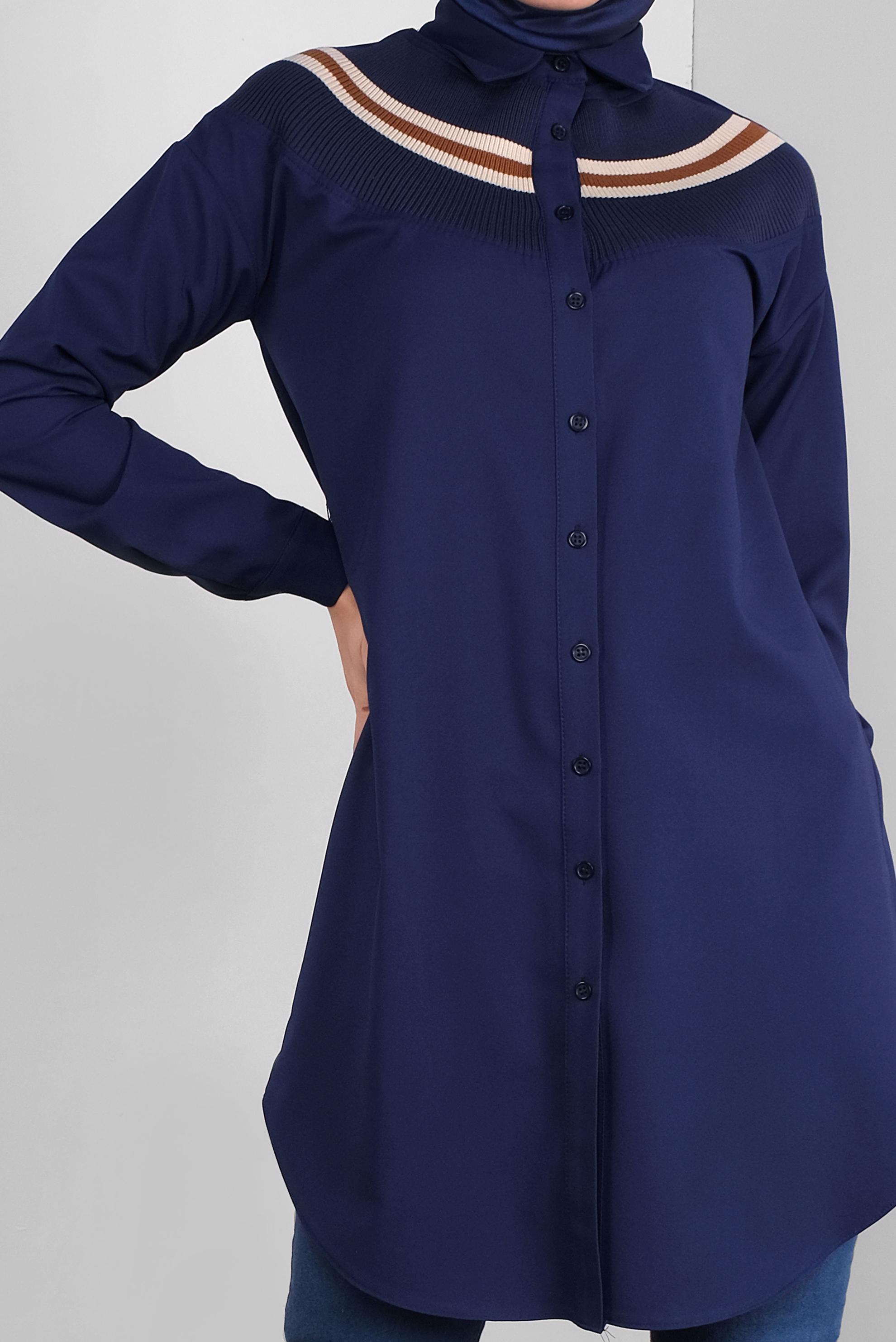 Tesettür giyim LACİVERT DÜĞMELİ ERKEK YAKA TUNİK 41282 