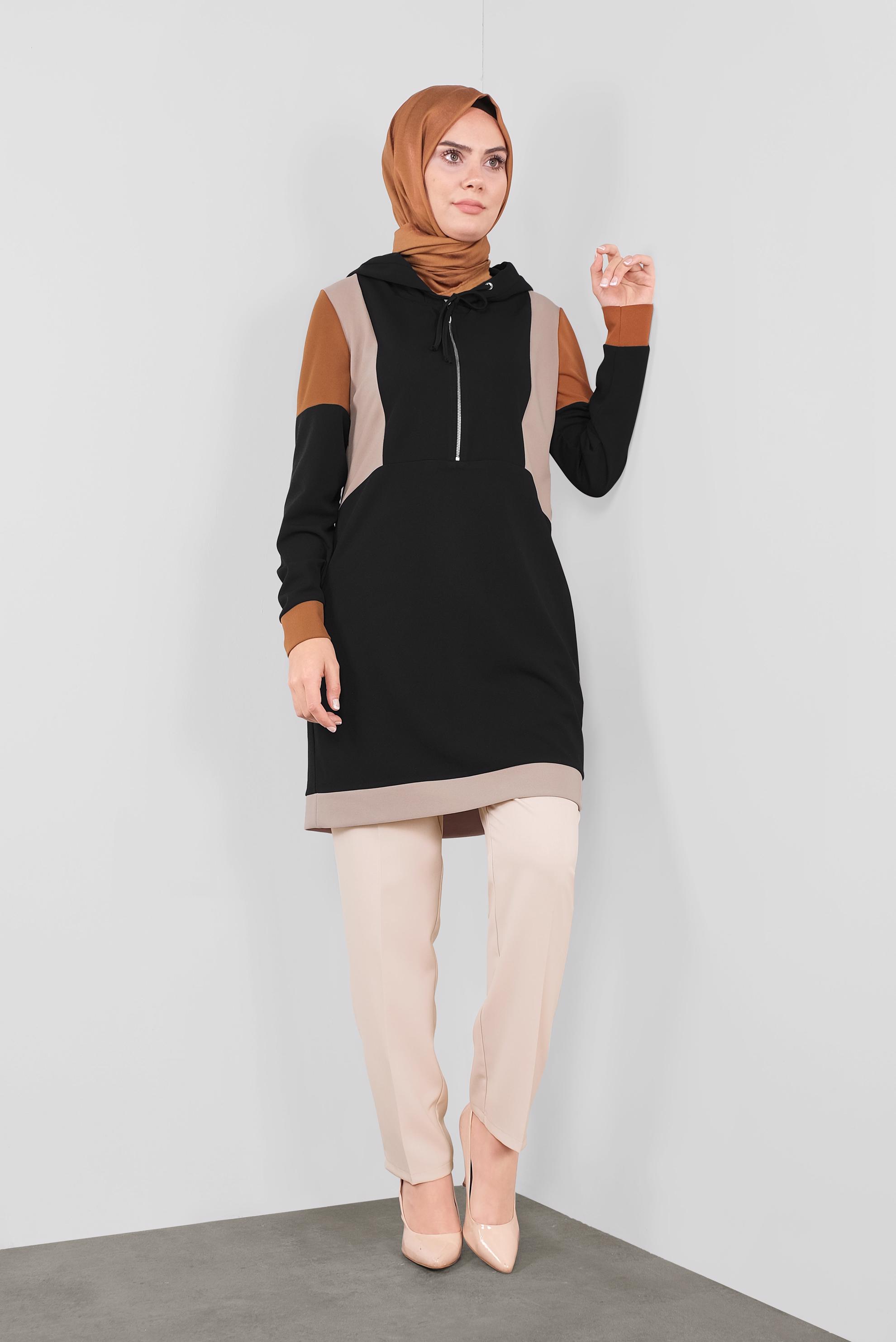 Tesettür giyim SİYAH BASİC KAPÜŞONLU TUNİK 41283 