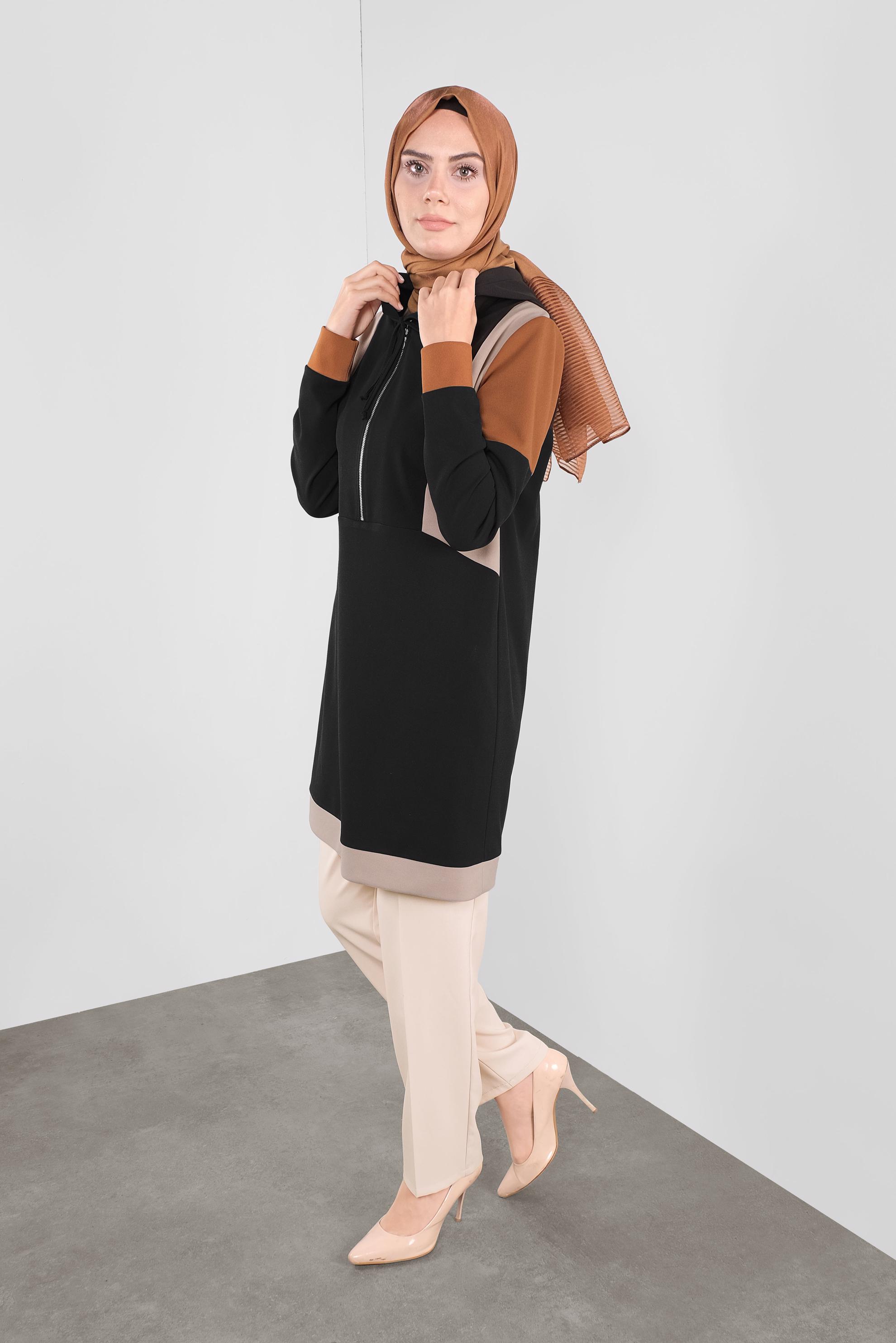 Tesettür giyim SİYAH BASİC KAPÜŞONLU TUNİK 41283 