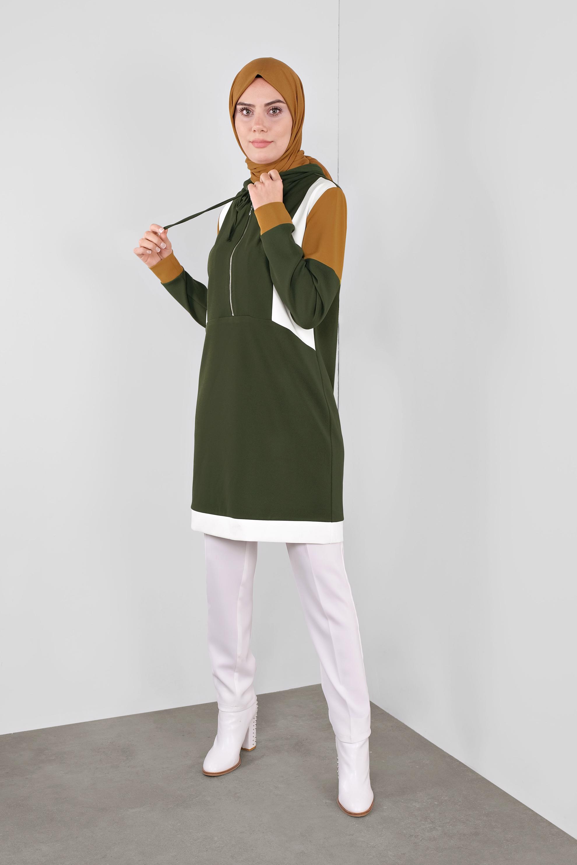 Tesettür giyim HAKİ BASİC KAPÜŞONLU TUNİK 41283 