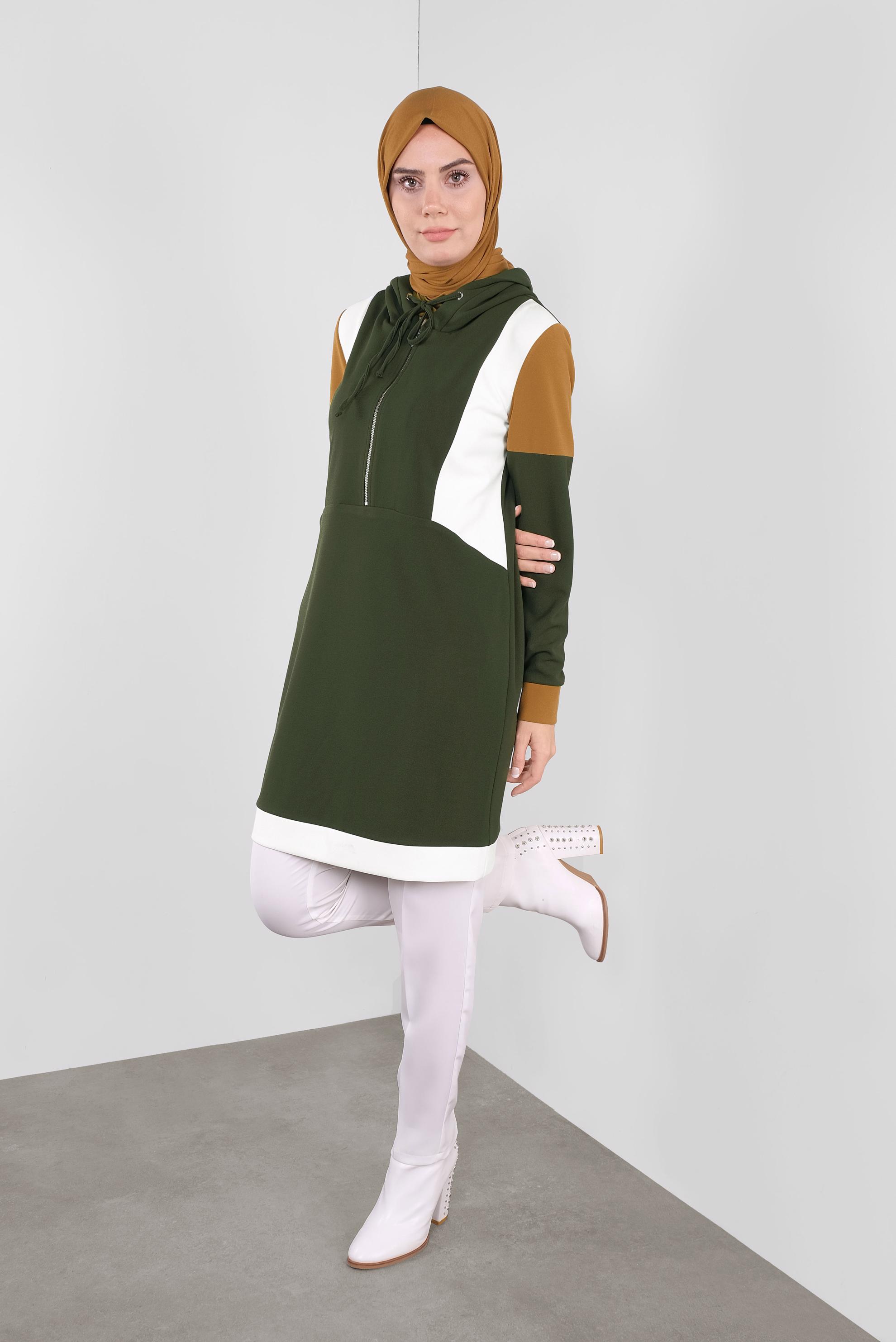 Tesettür giyim HAKİ BASİC KAPÜŞONLU TUNİK 41283 