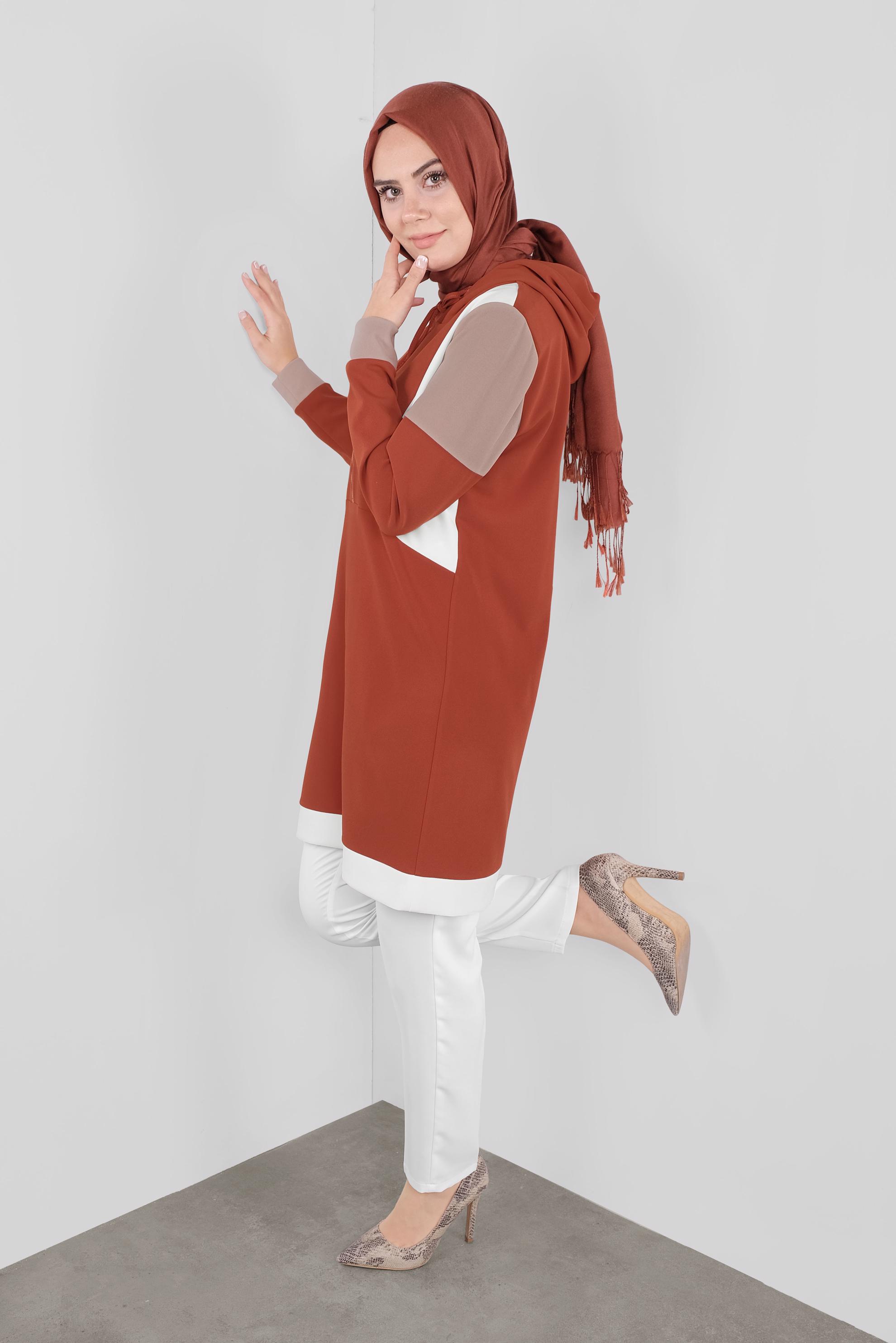 Tesettür giyim TURUNCU BASİC KAPÜŞONLU TUNİK 41283 