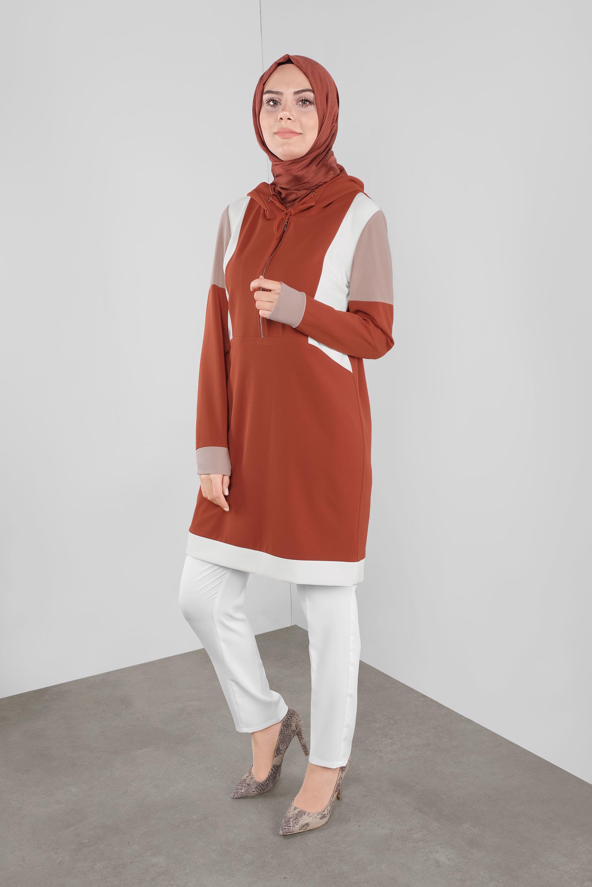 Tesettür giyim TURUNCU BASİC KAPÜŞONLU TUNİK 41283 