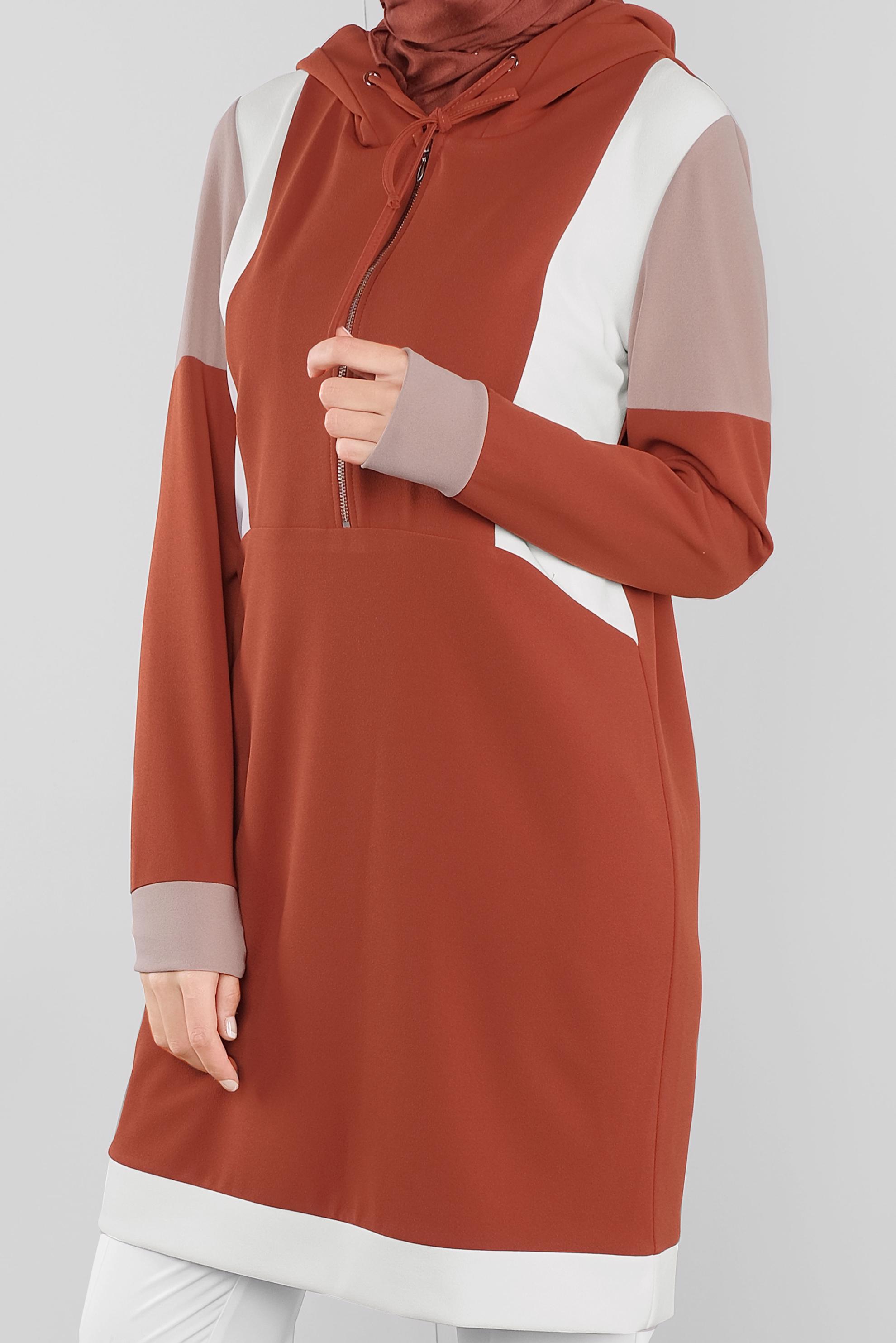 Tesettür giyim TURUNCU BASİC KAPÜŞONLU TUNİK 41283 