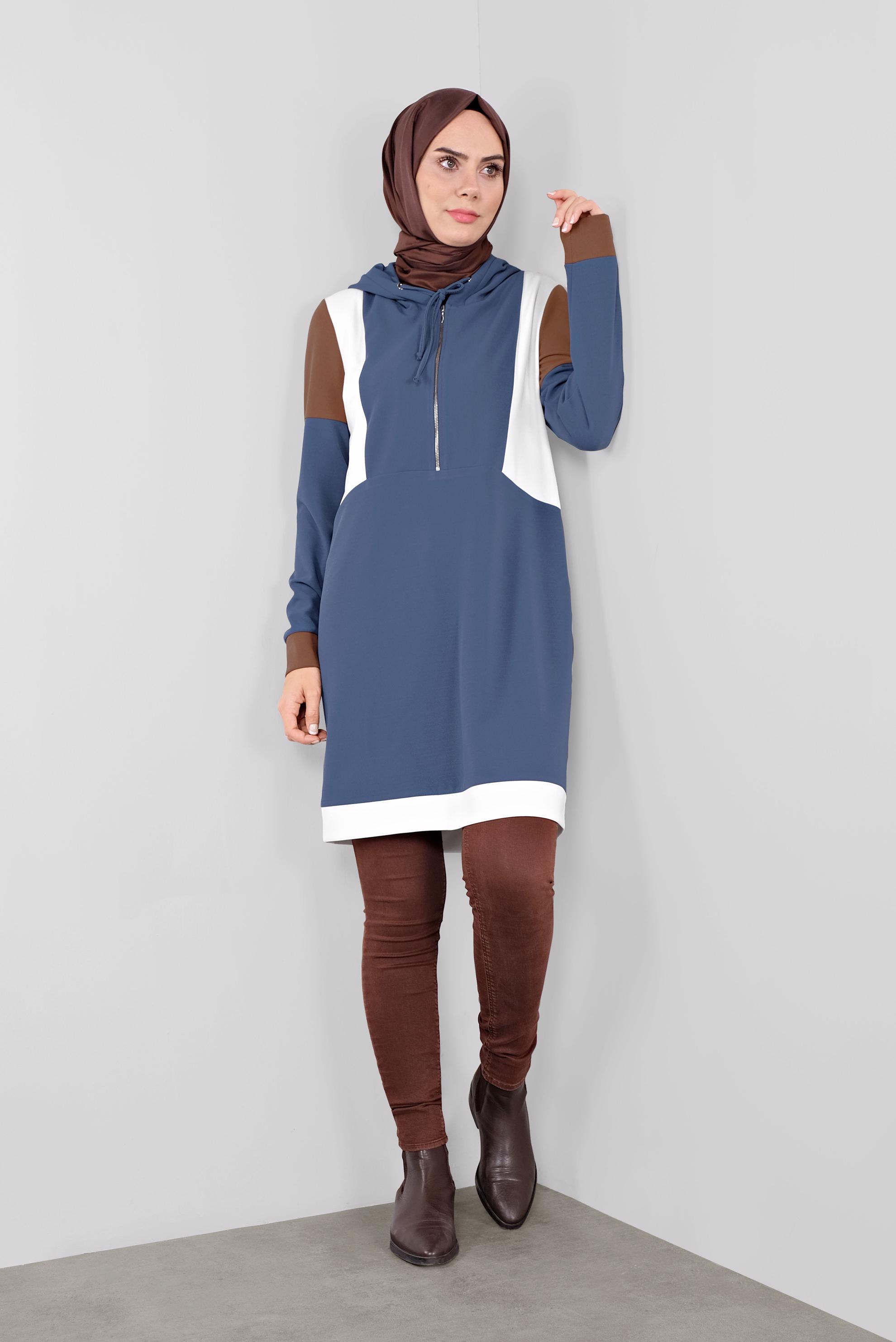 Tesettür giyim MAVİ BASİC KAPÜŞONLU TUNİK 41283 