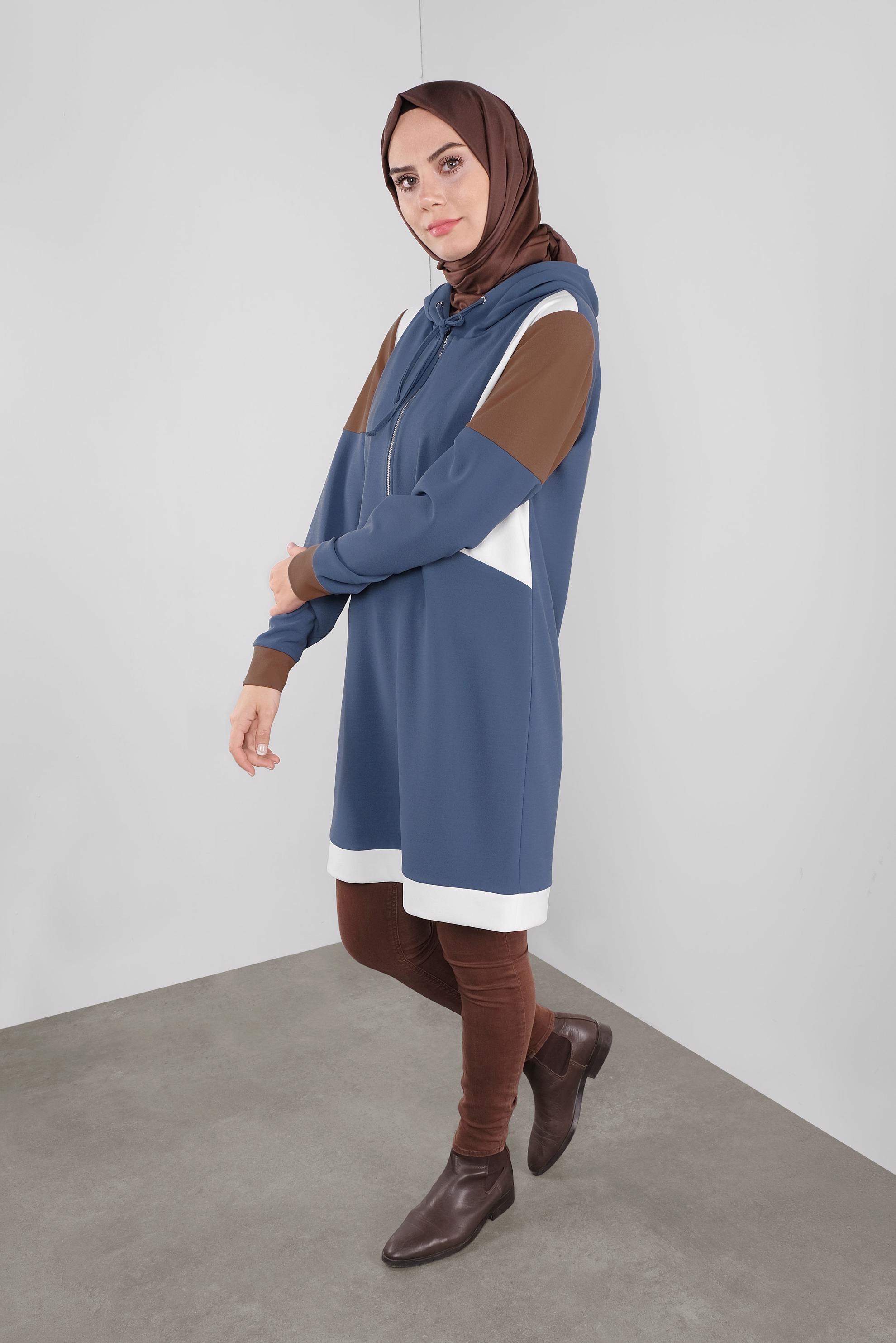 Tesettür giyim MAVİ BASİC KAPÜŞONLU TUNİK 41283 
