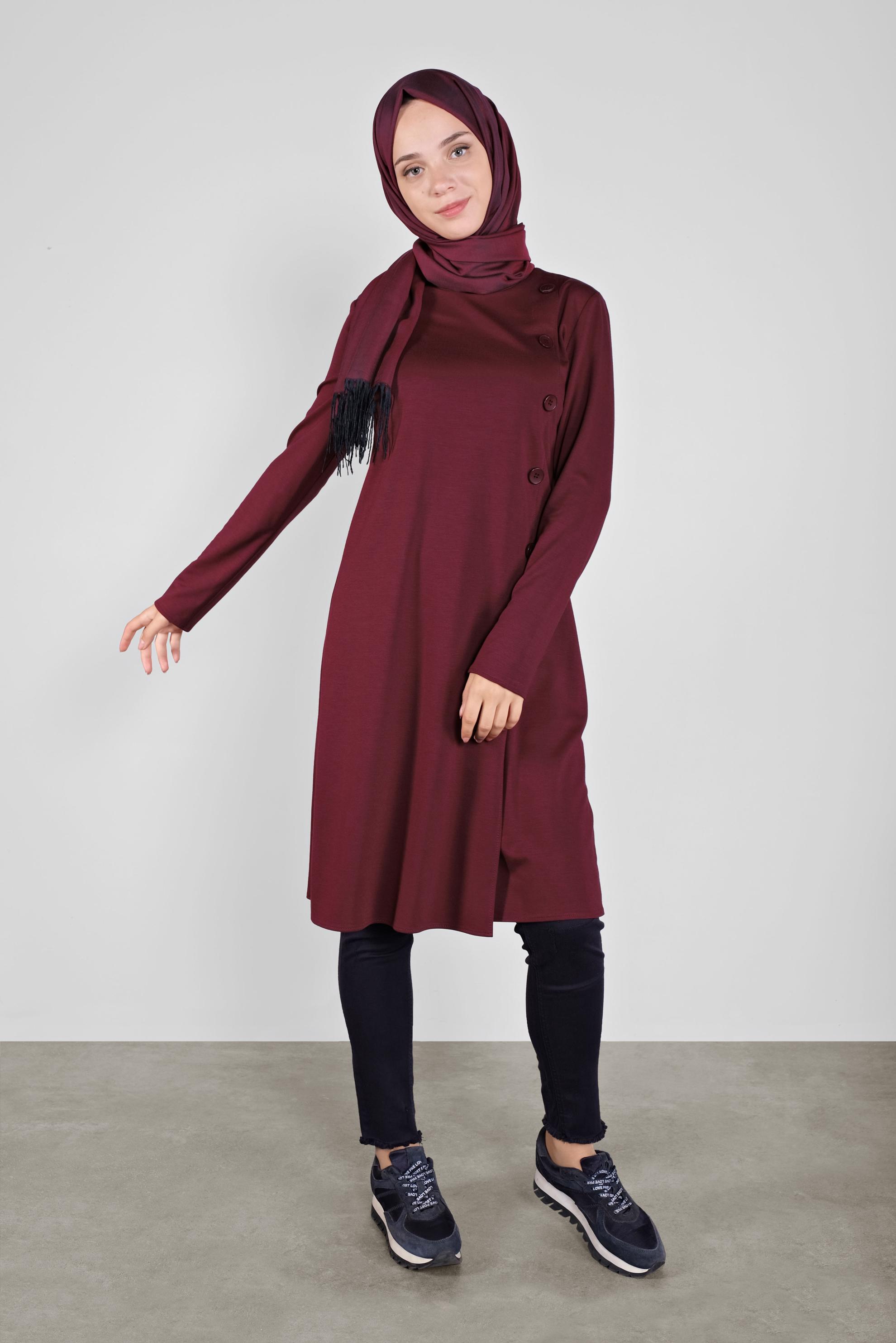 Tesettür giyim BORDO DÜĞME DETAYLI TUNİK 41284 