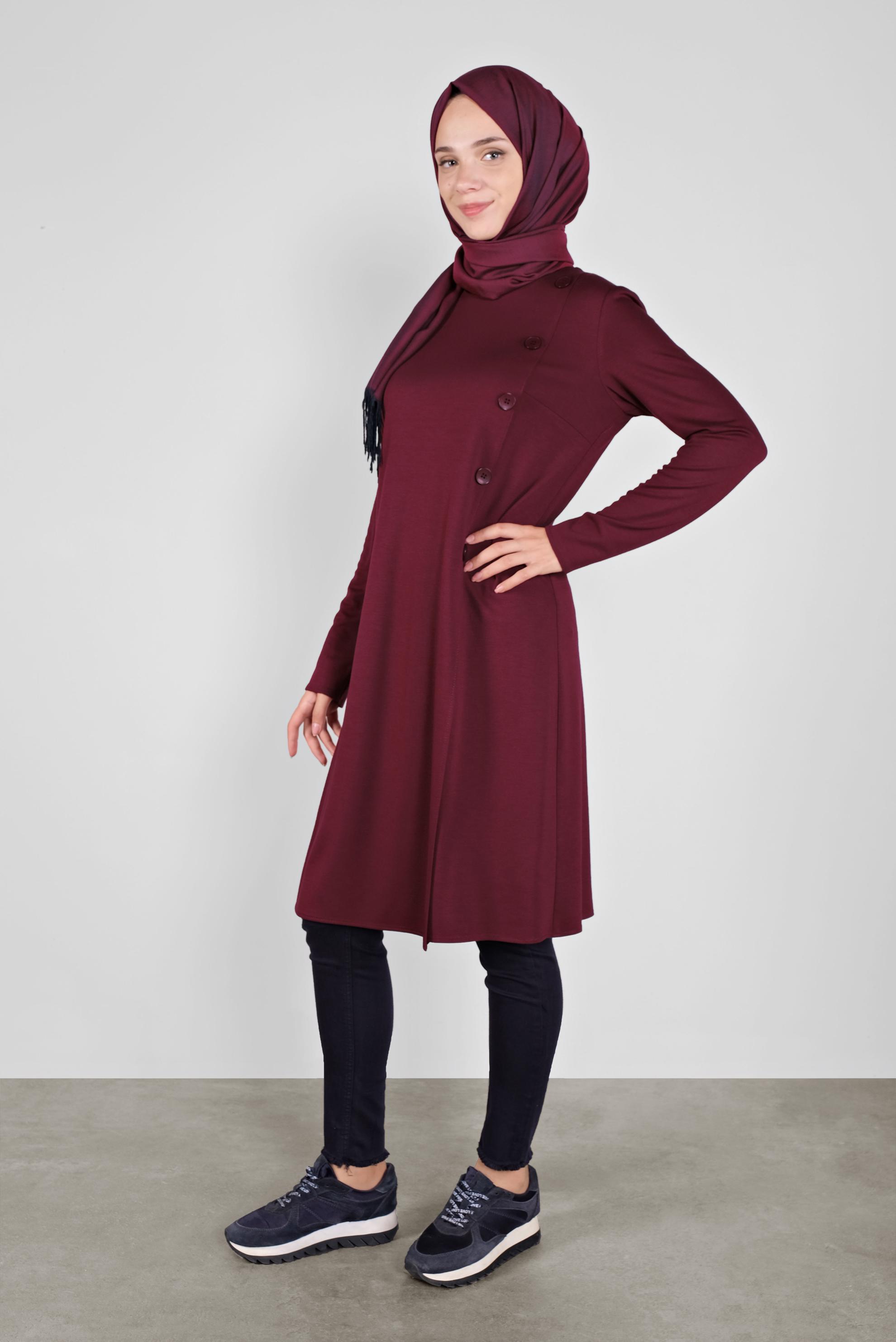 Tesettür giyim BORDO DÜĞME DETAYLI TUNİK 41284 