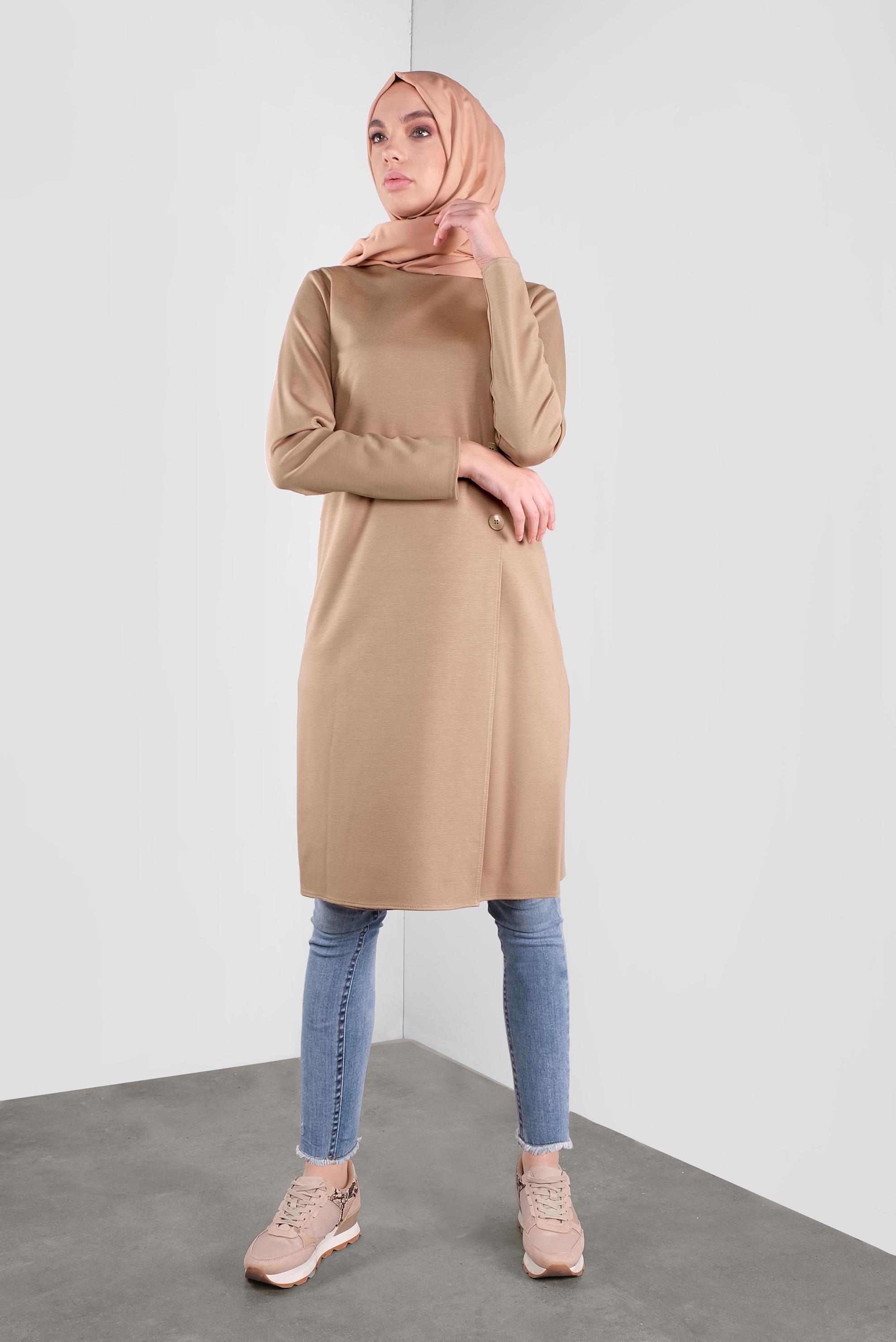 Tesettür giyim BEJ DÜĞME DETAYLI TUNİK 41284 