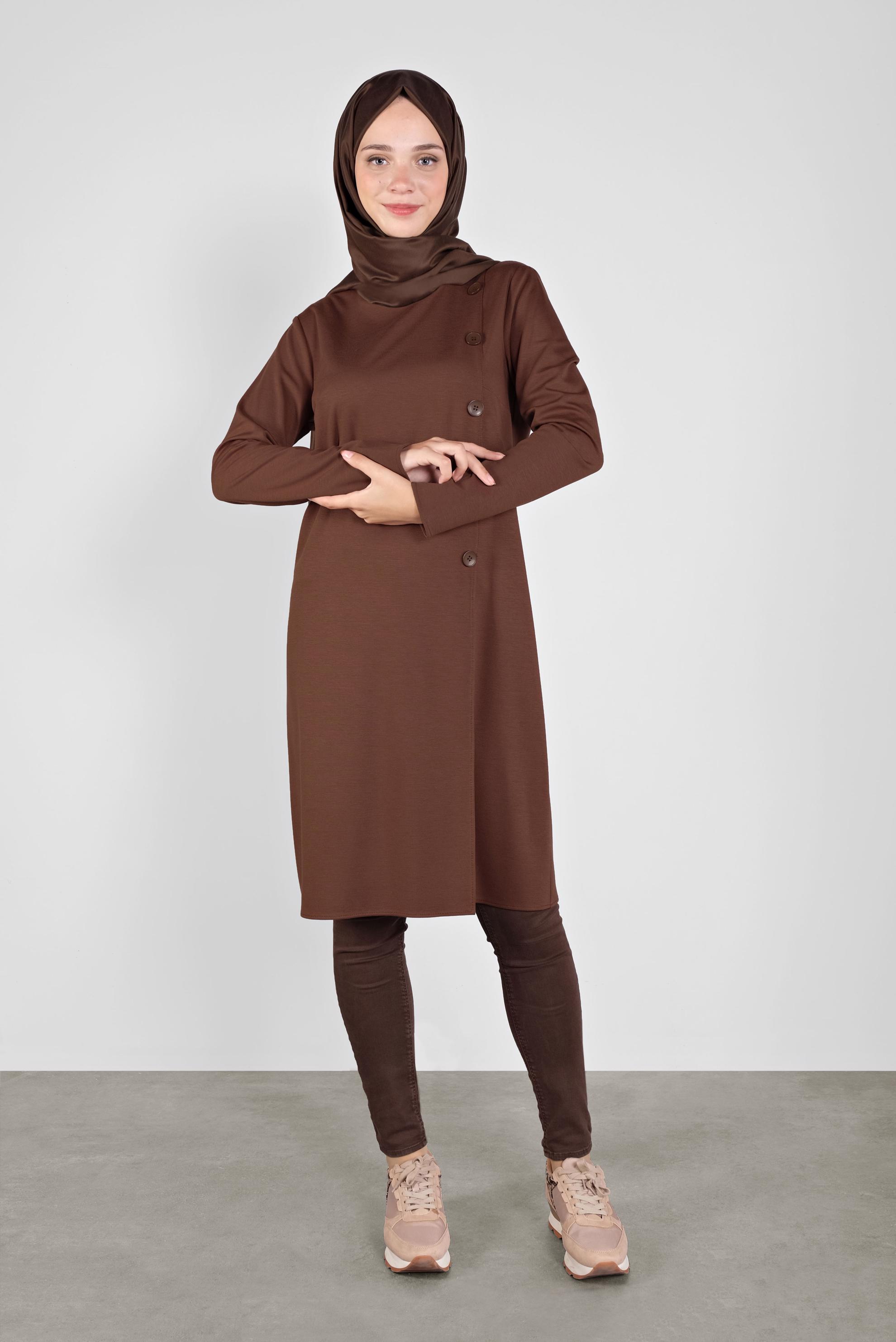 Tesettür giyim KAHVE DÜĞME DETAYLI TUNİK 41284 