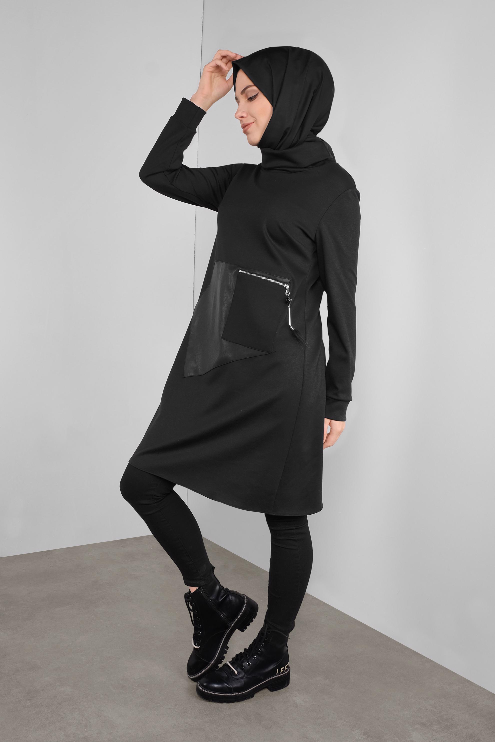 Tesettür giyim SİYAH DERİ DETAYLI FERMUARLI TUNİK 41290 