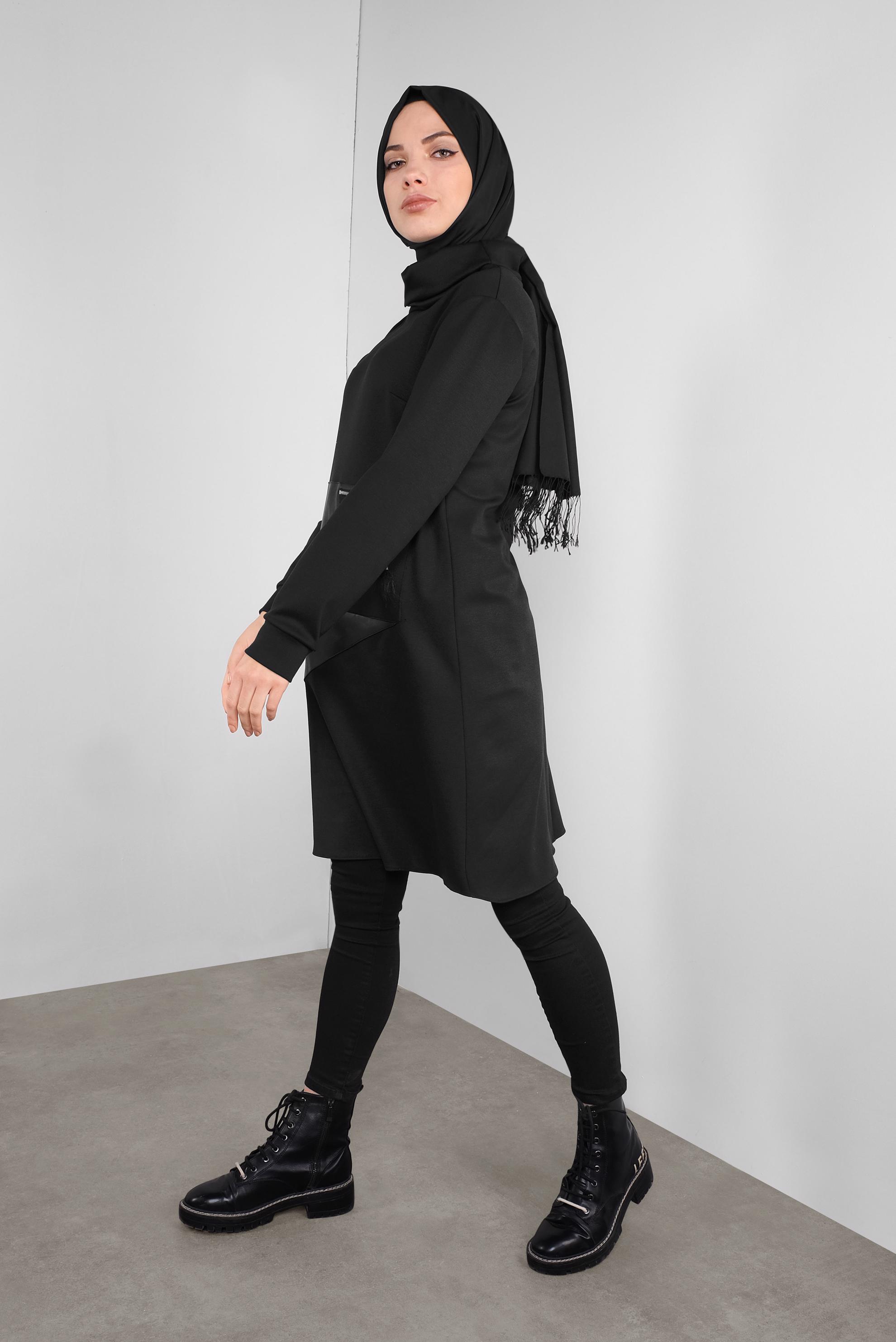 Tesettür giyim SİYAH DERİ DETAYLI FERMUARLI TUNİK 41290 