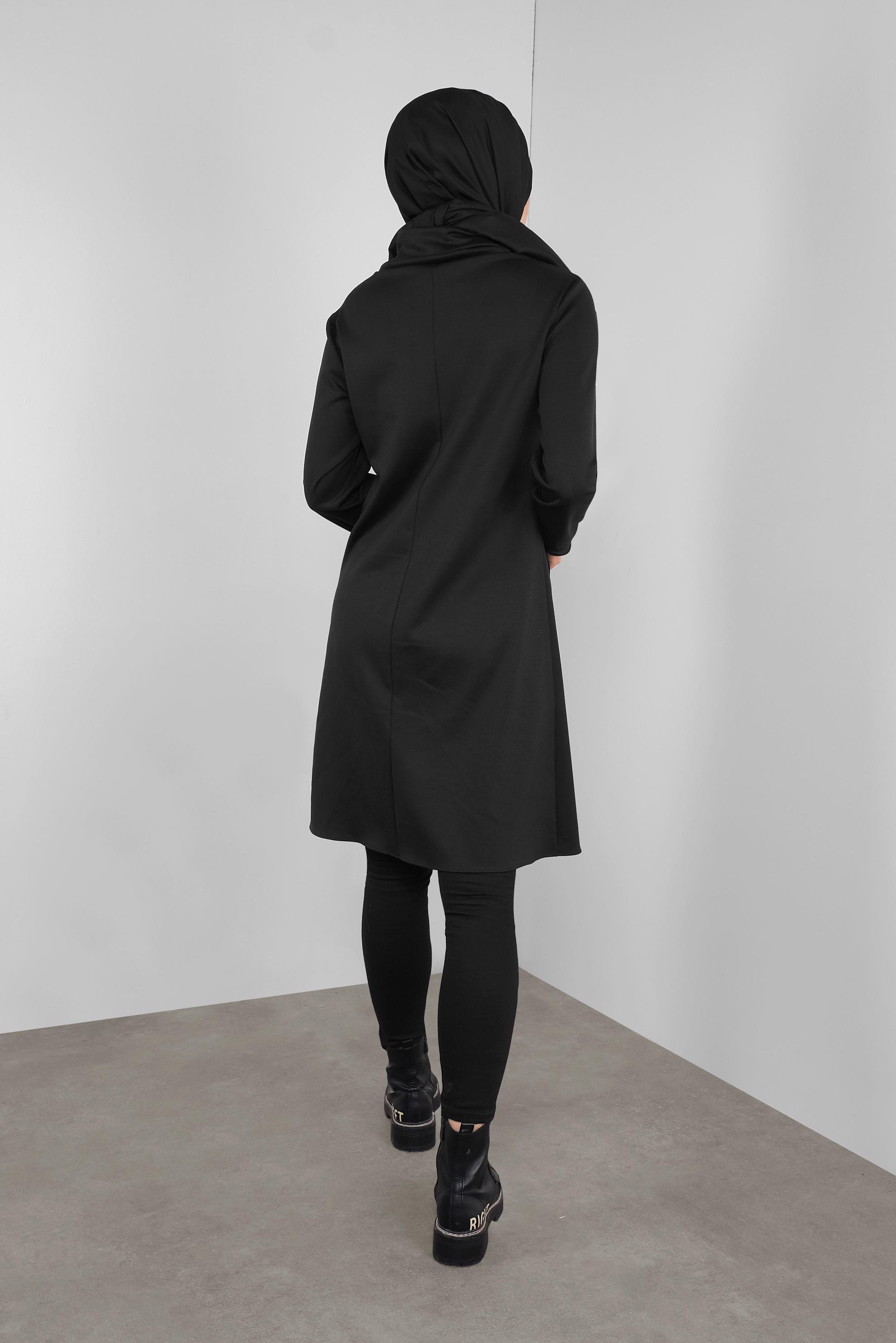 Tesettür giyim SİYAH DERİ DETAYLI FERMUARLI TUNİK 41290 