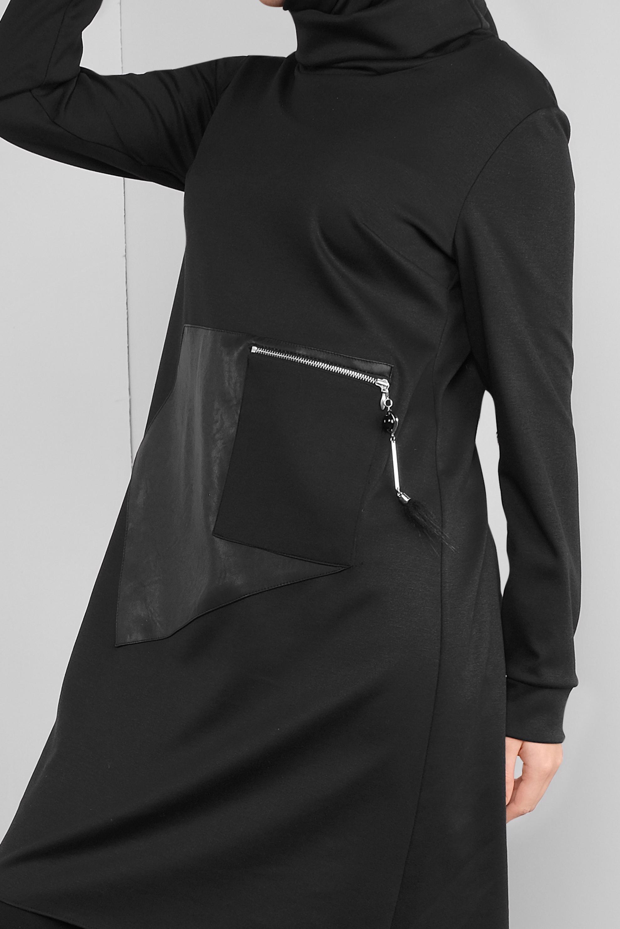 Tesettür giyim SİYAH DERİ DETAYLI FERMUARLI TUNİK 41290 