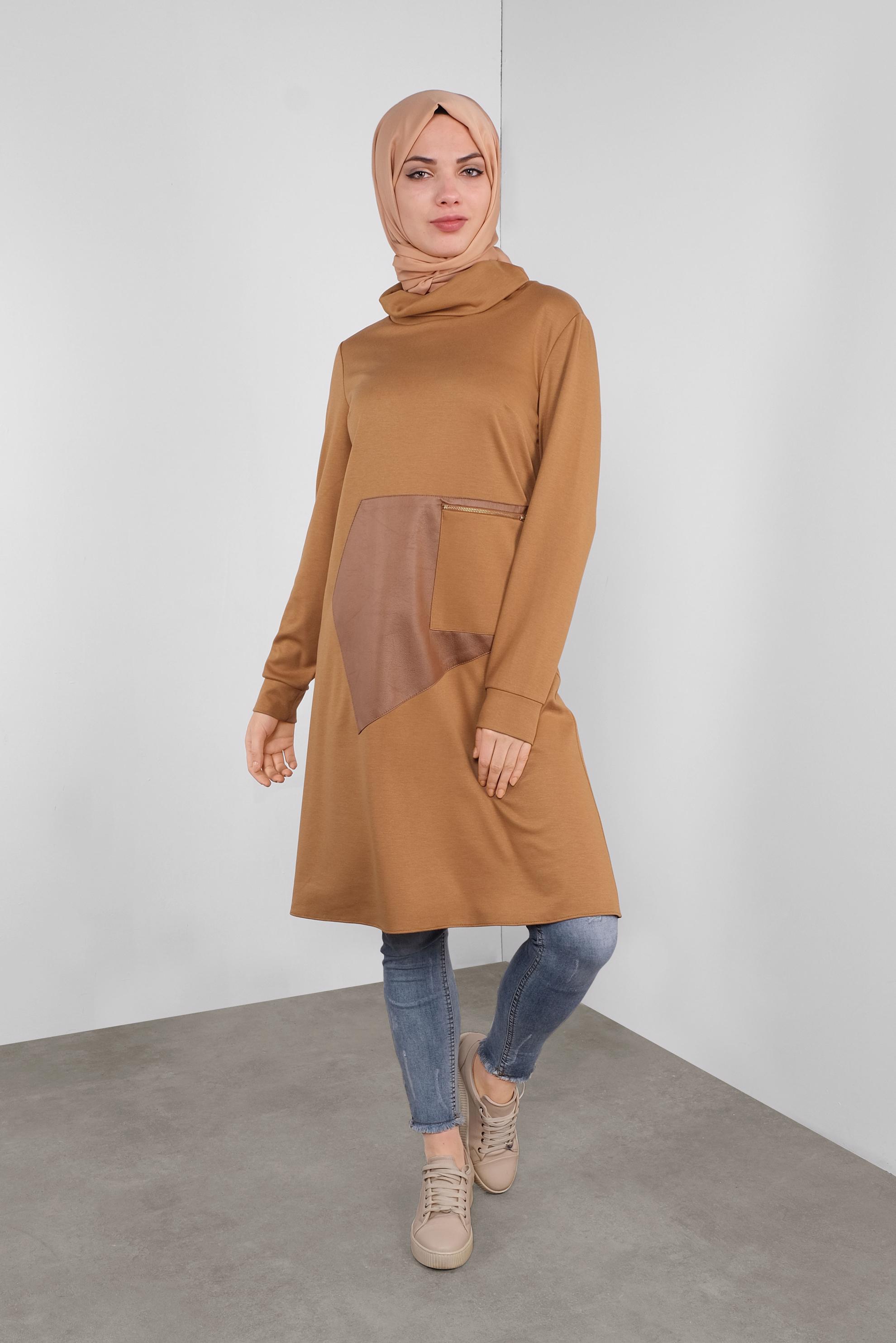 Tesettür giyim SARI DERİ DETAYLI FERMUARLI TUNİK 41290 