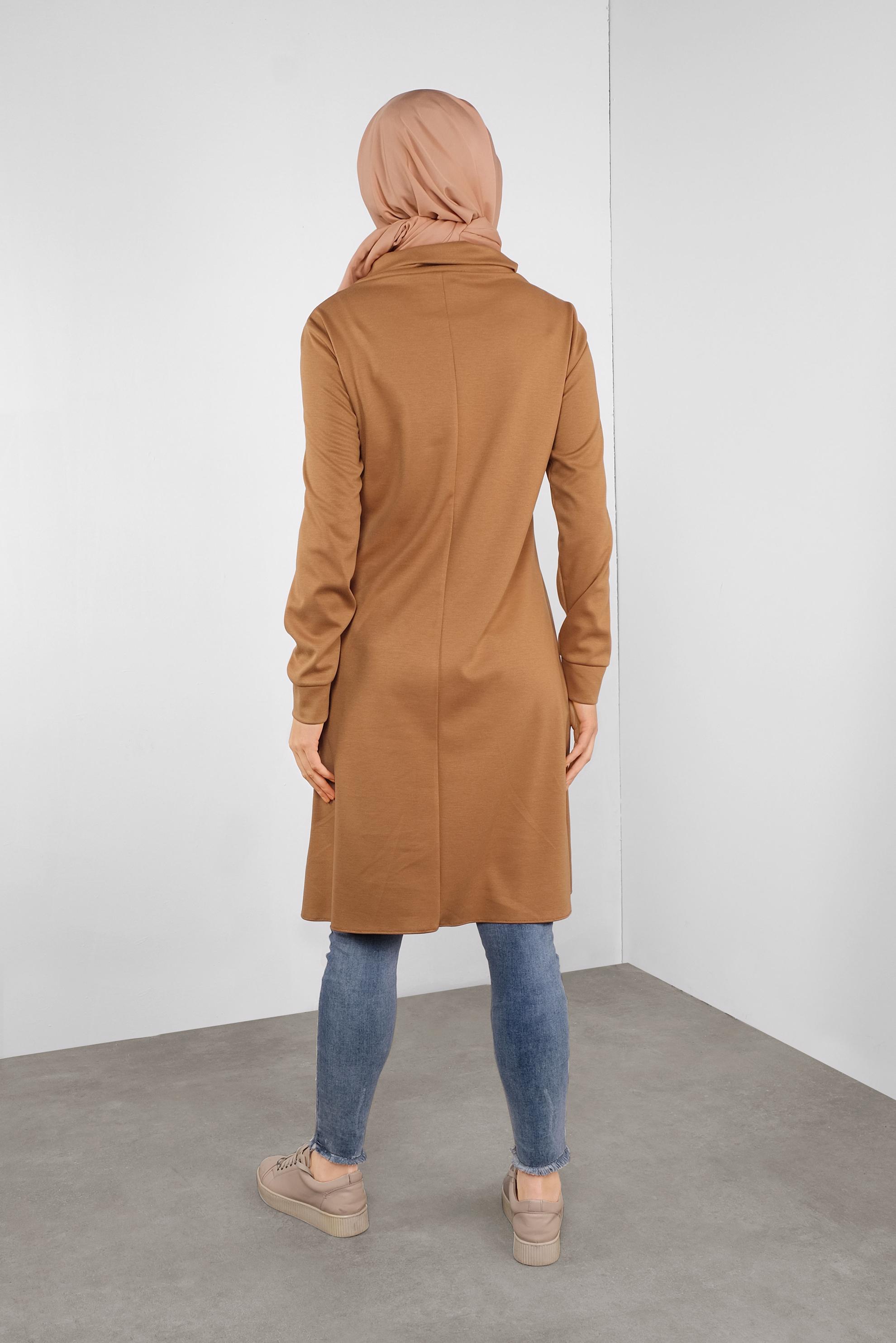 Tesettür giyim SARI DERİ DETAYLI FERMUARLI TUNİK 41290 