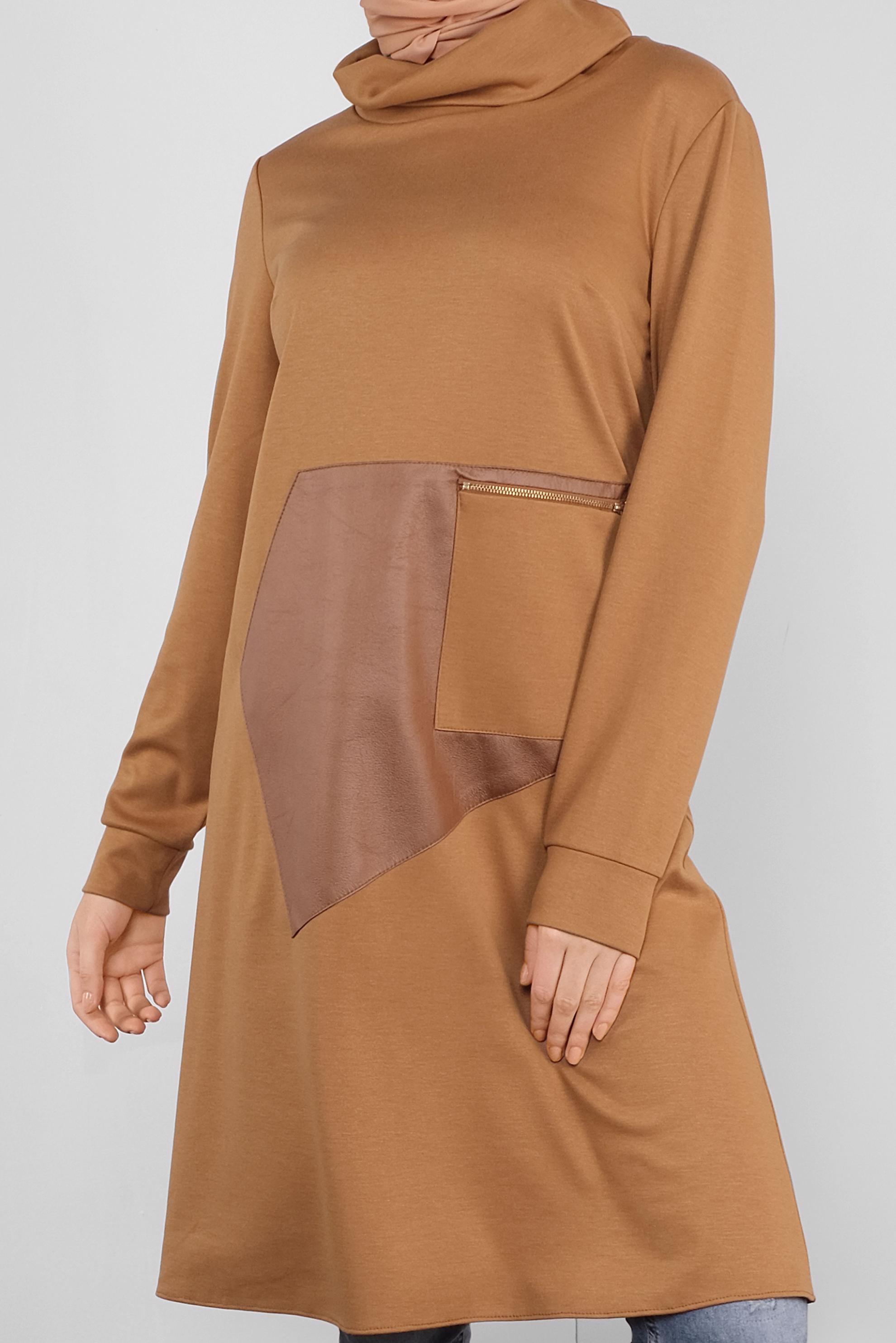 Tesettür giyim SARI DERİ DETAYLI FERMUARLI TUNİK 41290 