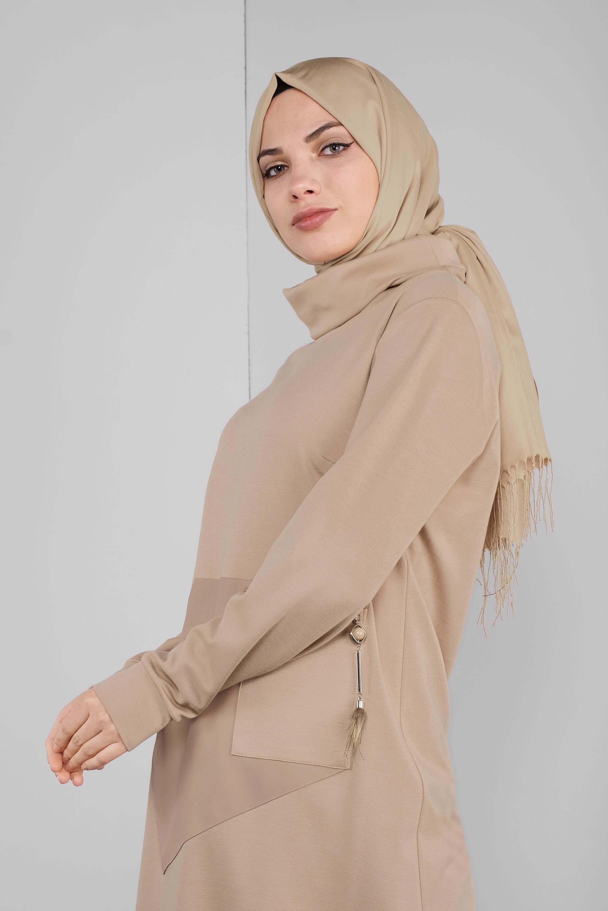 Tesettür giyim KAHVE DERİ DETAYLI FERMUARLI TUNİK 41290 