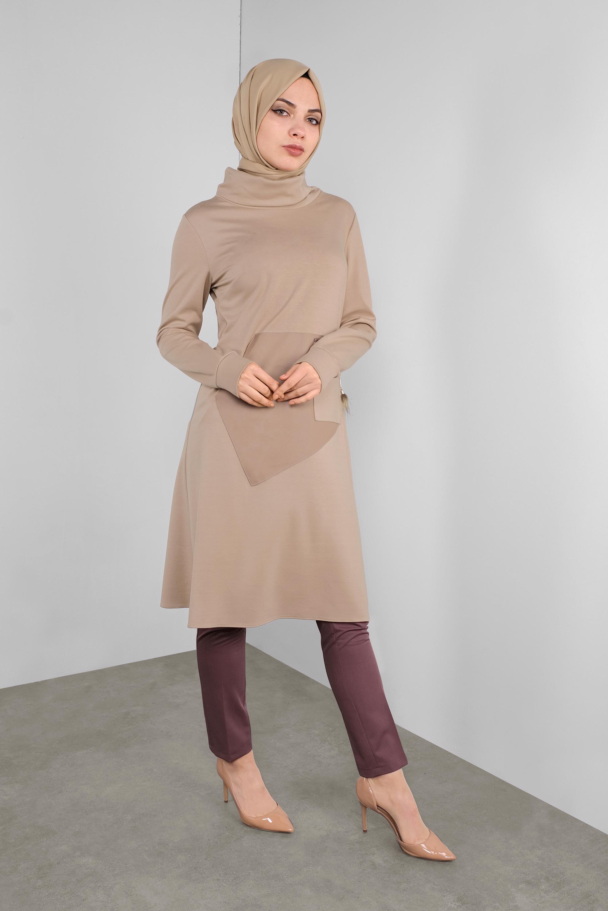 Tesettür giyim KAHVE DERİ DETAYLI FERMUARLI TUNİK 41290 