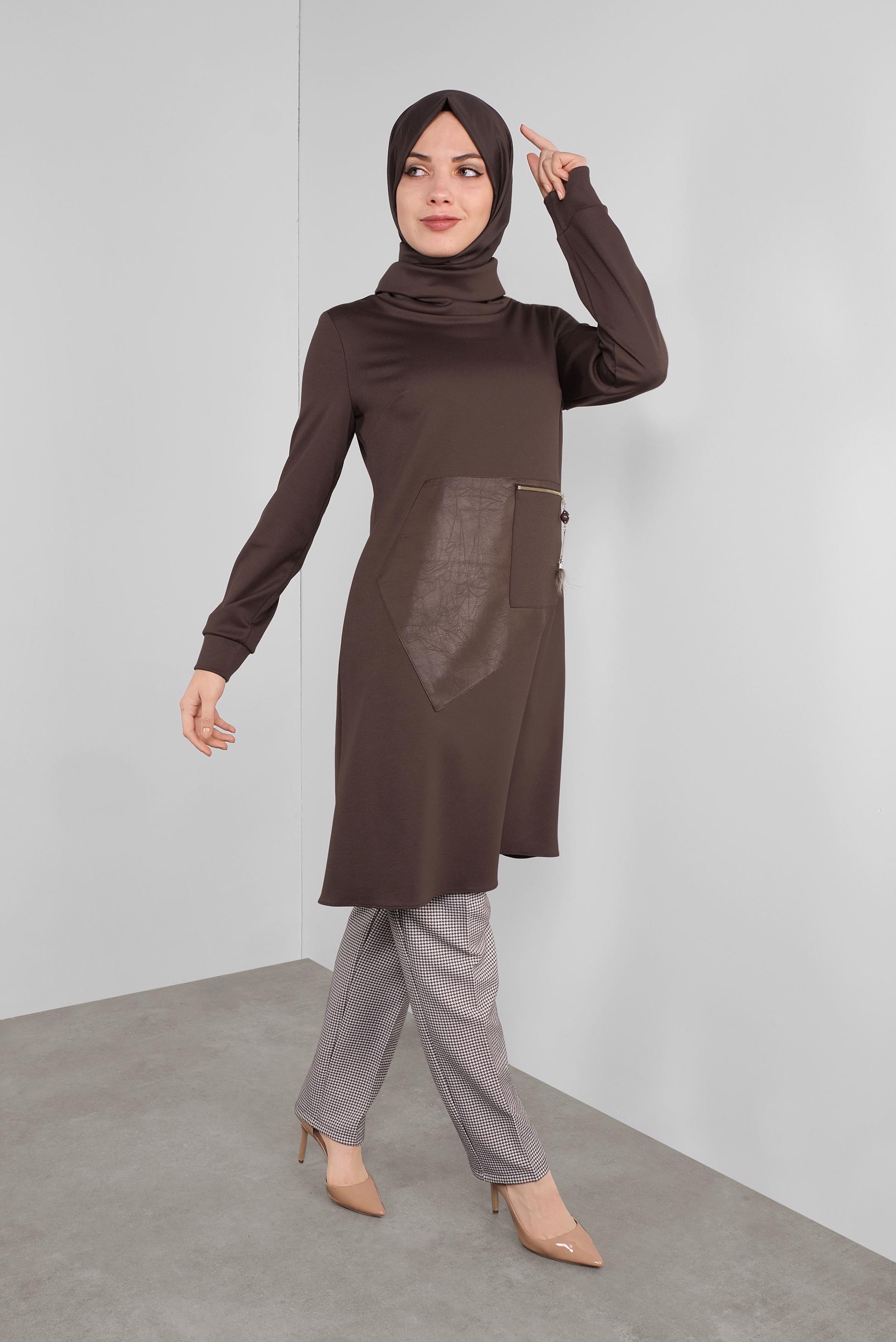Tesettür giyim KAHVE DERİ DETAYLI FERMUARLI TUNİK 41290 